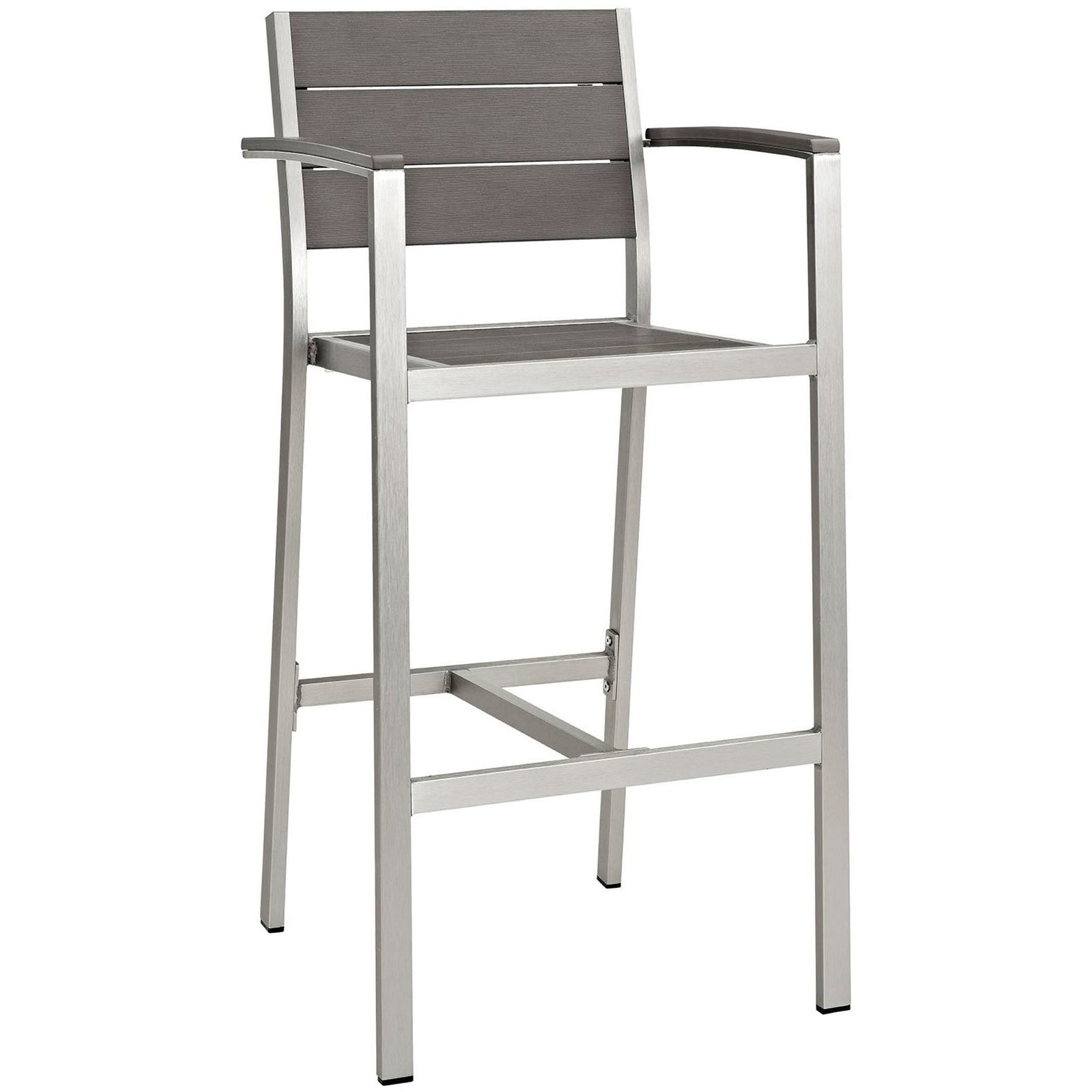Silver gray patio bar stool with arms, brushed aluminum frame, and coordinating wood-look slat seat and back || EEI-2254-SLV-GRY || front_angle_studio