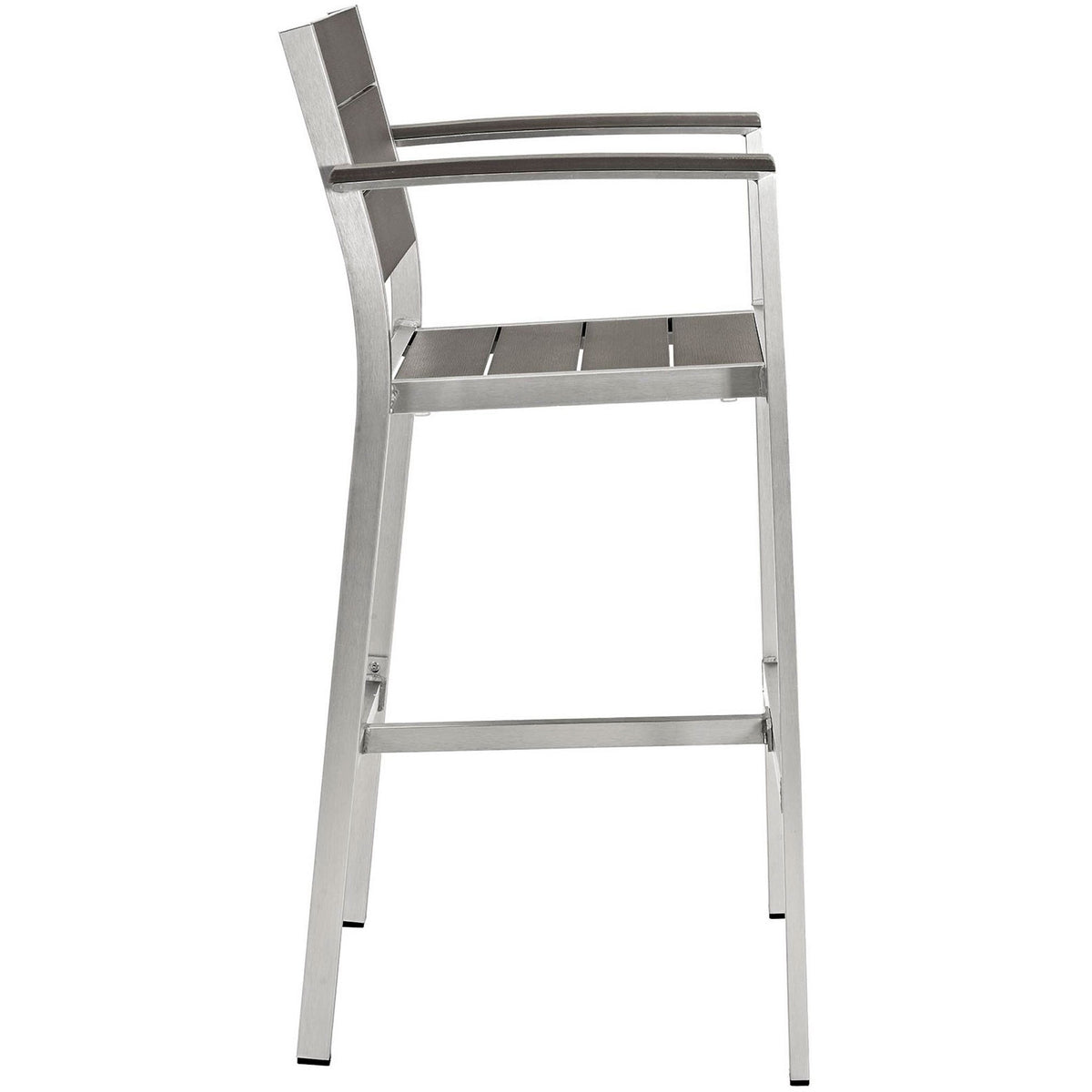 Side view of armrest bar stool showing slim legs, integrated footrest, and gently curved back profile || EEI-2254-SLV-GRY || side_studio