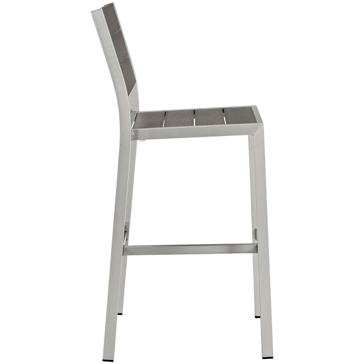 Side profile of slim aluminum patio bar stool showcasing ladder-style gray slat back and seat || EEI-2255-SLV-GRY || side_studio