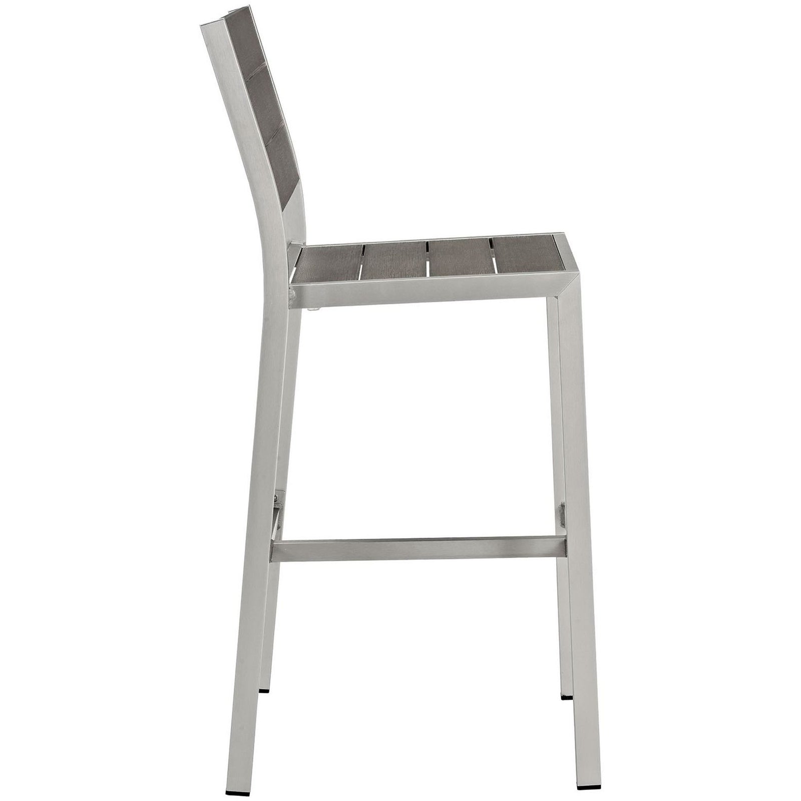 Side profile of slim aluminum patio bar stool showcasing ladder-style gray slat back and seat || EEI-2255-SLV-GRY || side_studio