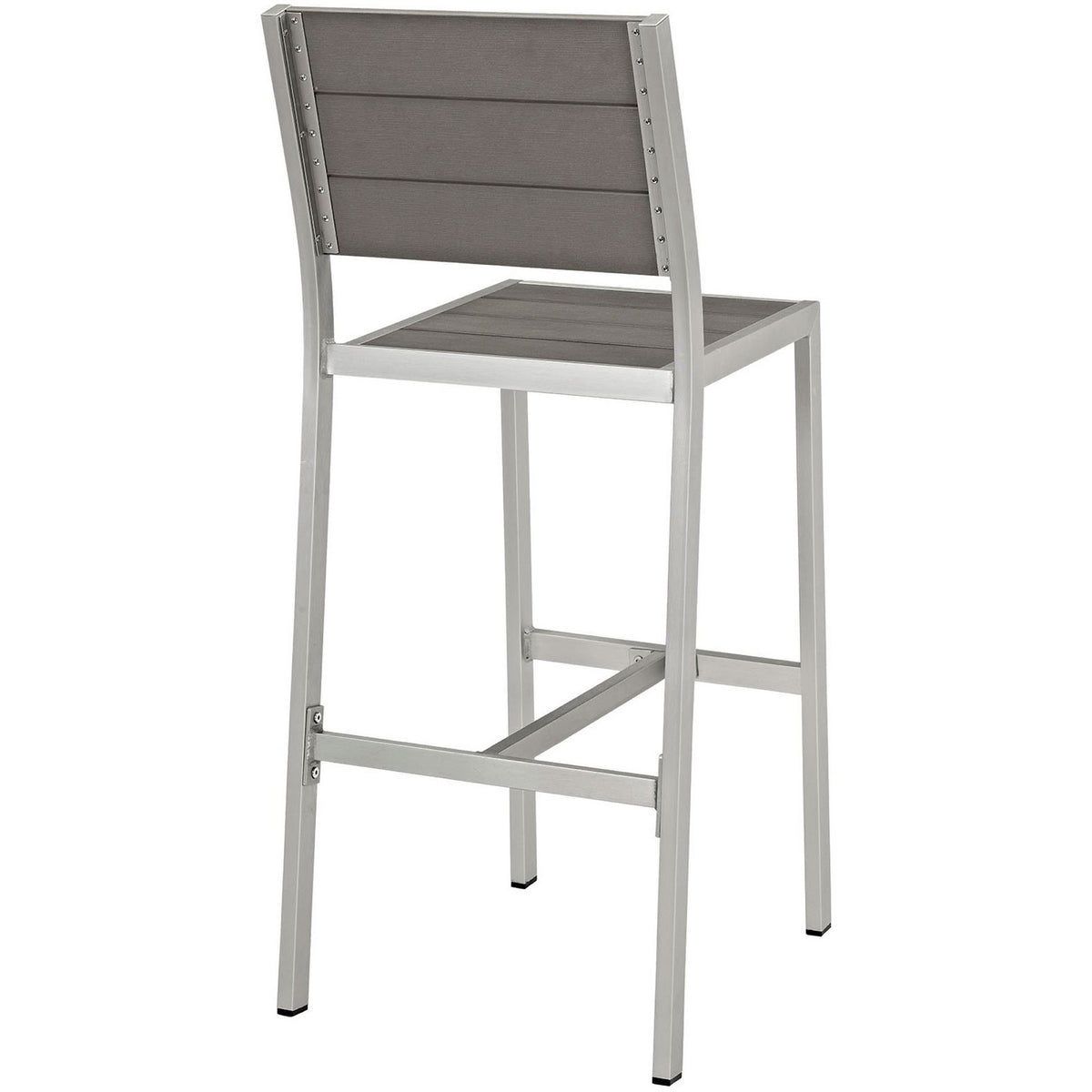 Rear view of modern outdoor bar stool highlighting clean-lined frame and wide gray slatted backrest || EEI-2255-SLV-GRY || back_angle_studio