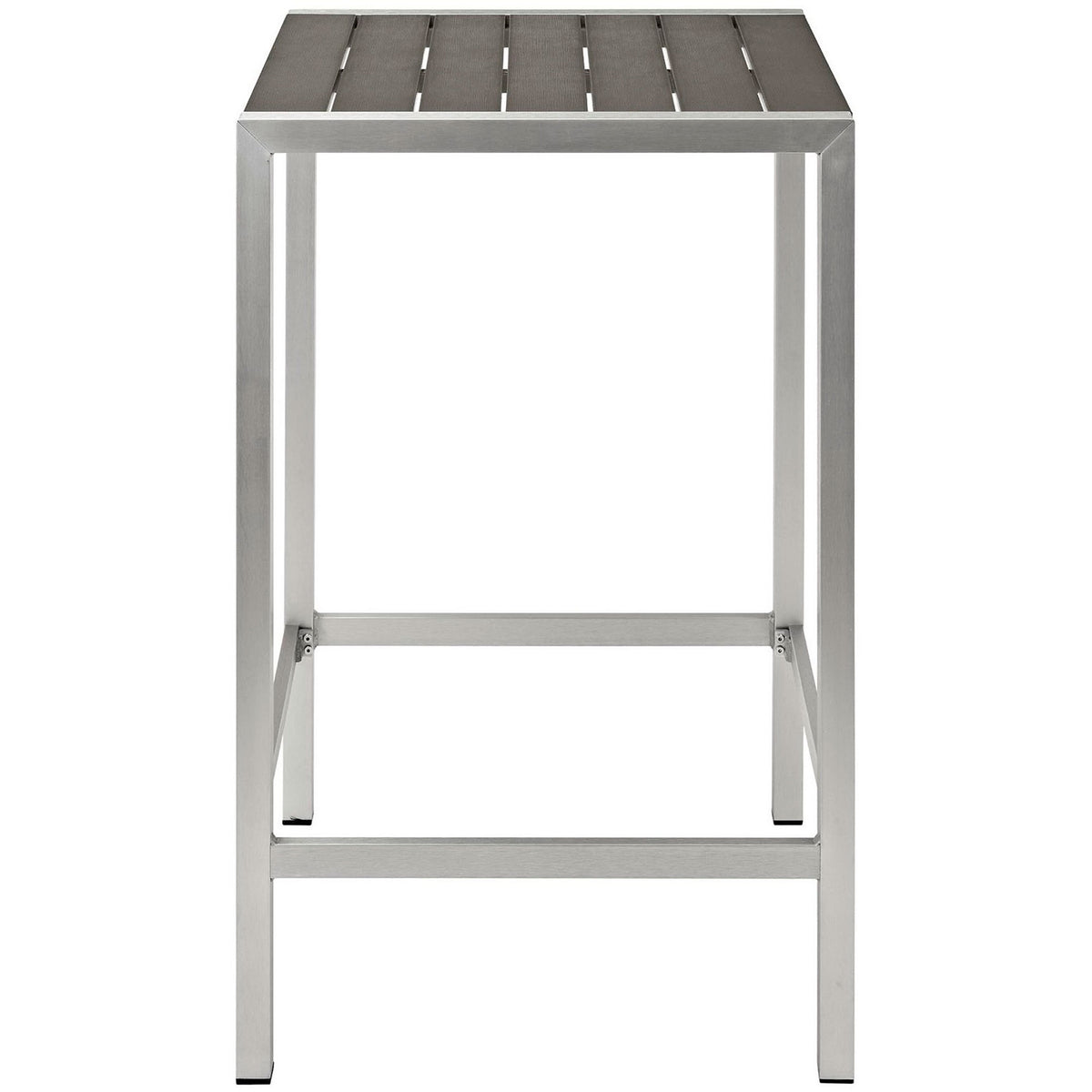 Compact silver gray patio bar table with sleek frame and slatted wood-look top. || EEI-2256-SLV-GRY || front_studio