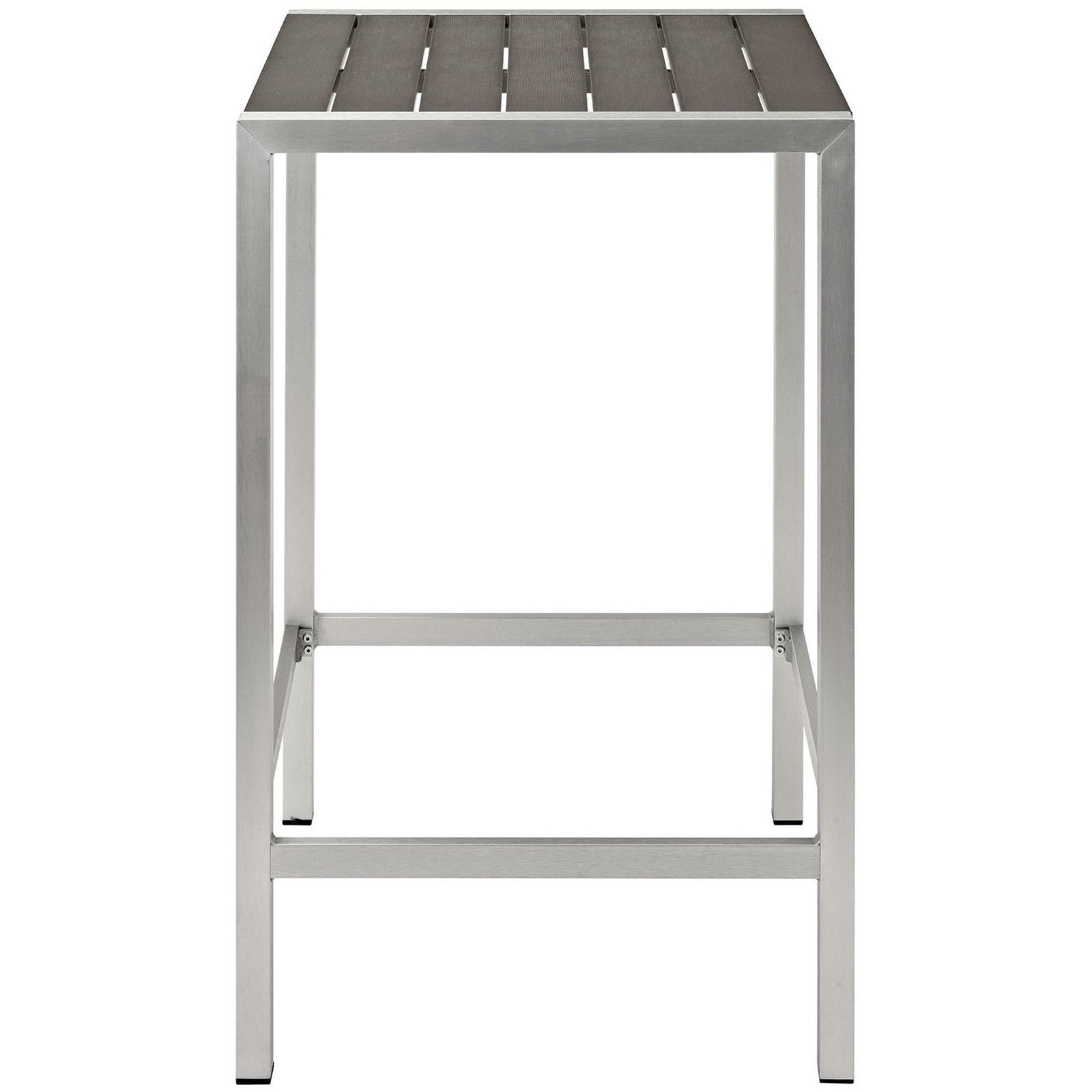 Compact silver gray patio bar table with sleek frame and slatted wood-look top. || EEI-2256-SLV-GRY || front_studio