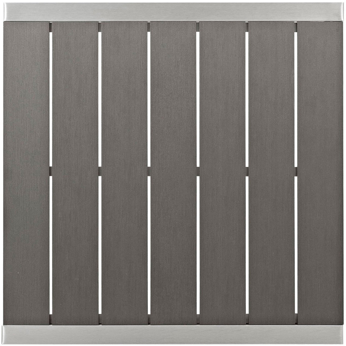Gray slatted wood-look tabletop framed by brushed silver aluminum edges. || EEI-2256-SLV-GRY || swatch_studio