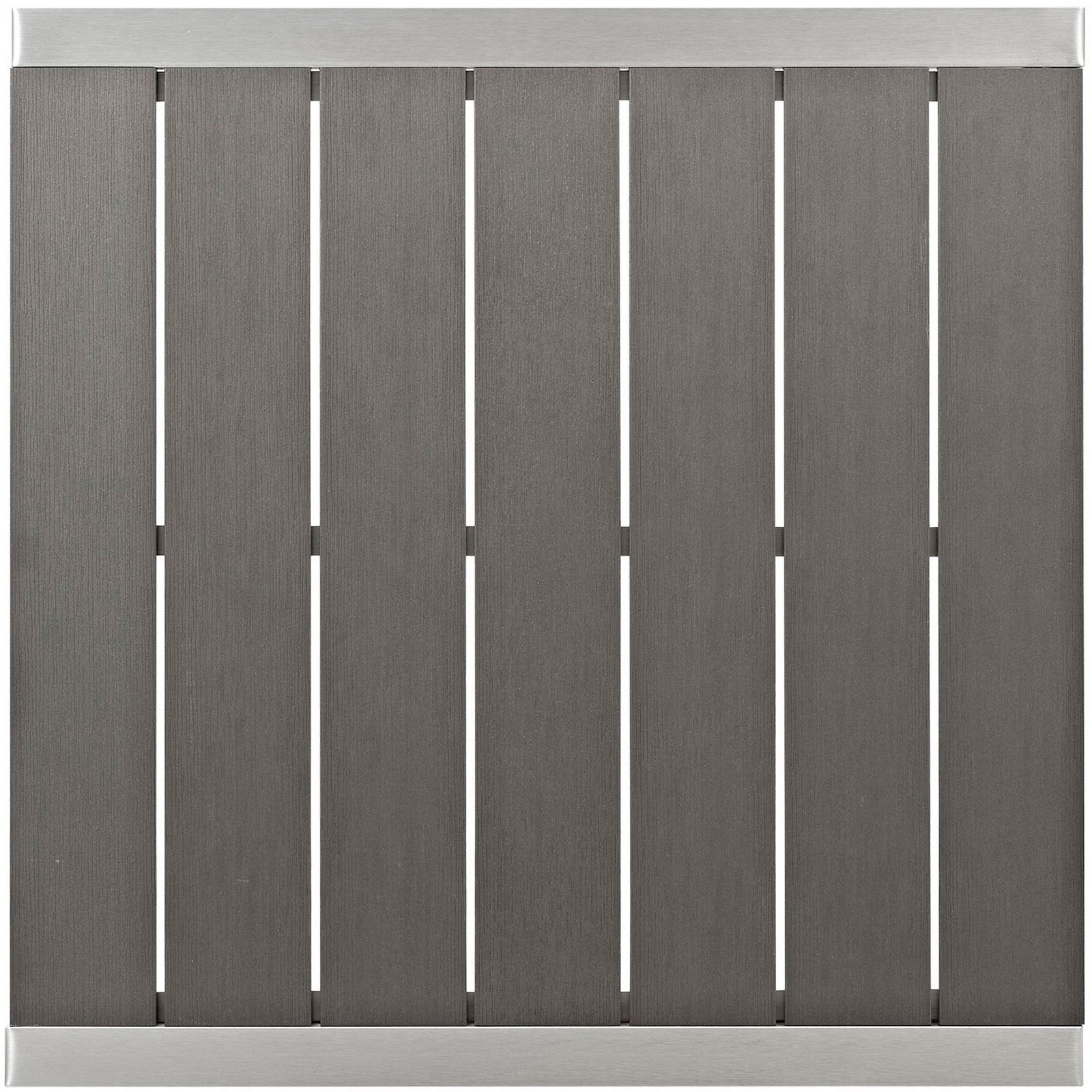 Gray slatted wood-look tabletop framed by brushed silver aluminum edges. || EEI-2256-SLV-GRY || swatch_studio