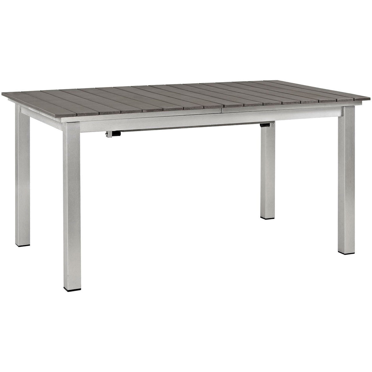 Compact configuration of the Shore extension table with sturdy aluminum legs and gray slatted top || EEI-2257-SLV-GRY || front_angle_studio