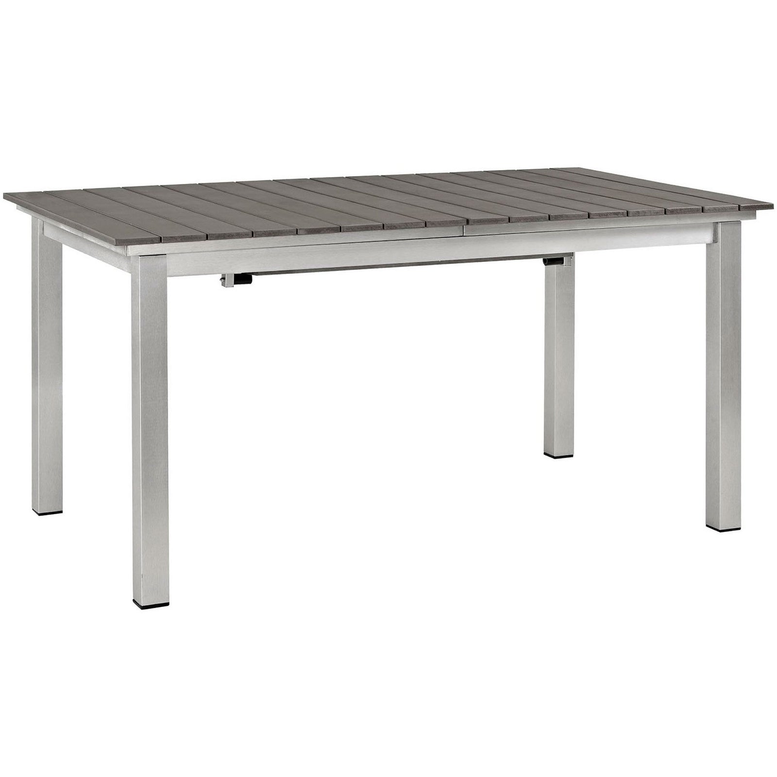 Compact configuration of the Shore extension table with sturdy aluminum legs and gray slatted top || EEI-2257-SLV-GRY || front_angle_studio