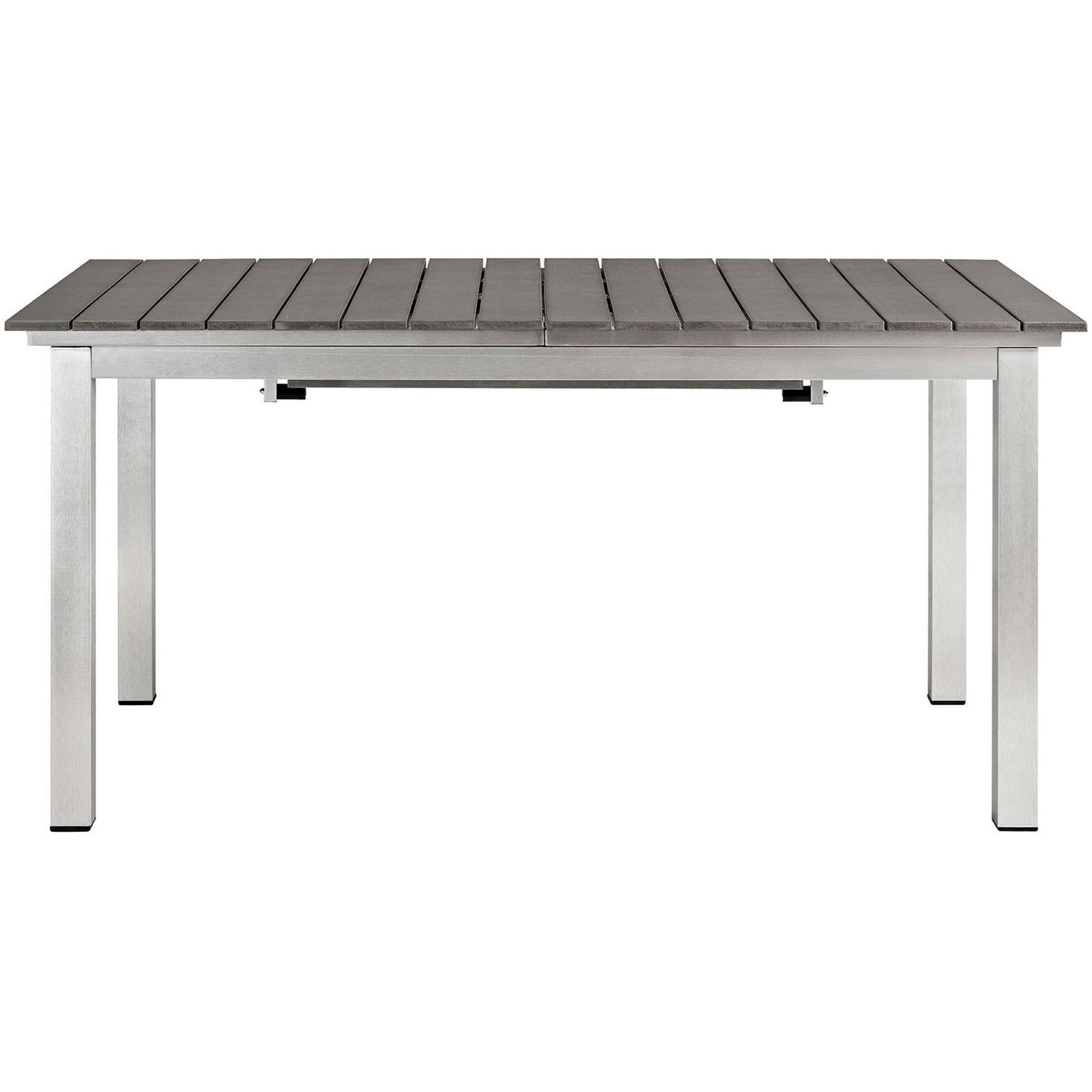 Shore patio extension table in its standard length, highlighting a clean linear silhouette || EEI-2257-SLV-GRY || front_studio
