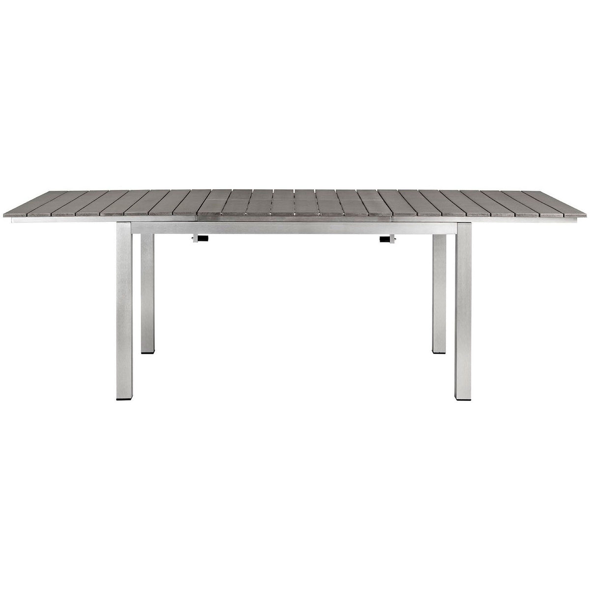 Shore patio extension table fully extended to seat extra guests on a slim gray slatted top || EEI-2257-SLV-GRY || front_converted_studio