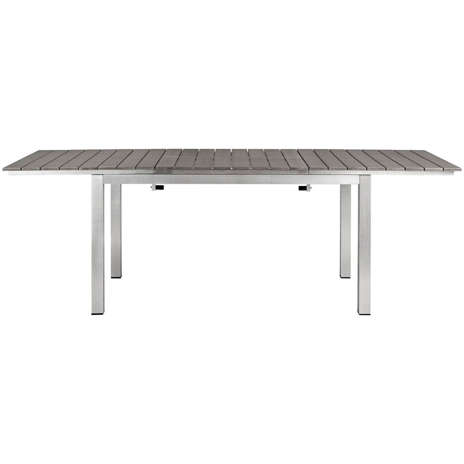 Shore patio extension table fully extended to seat extra guests on a slim gray slatted top || EEI-2257-SLV-GRY || front_converted_studio
