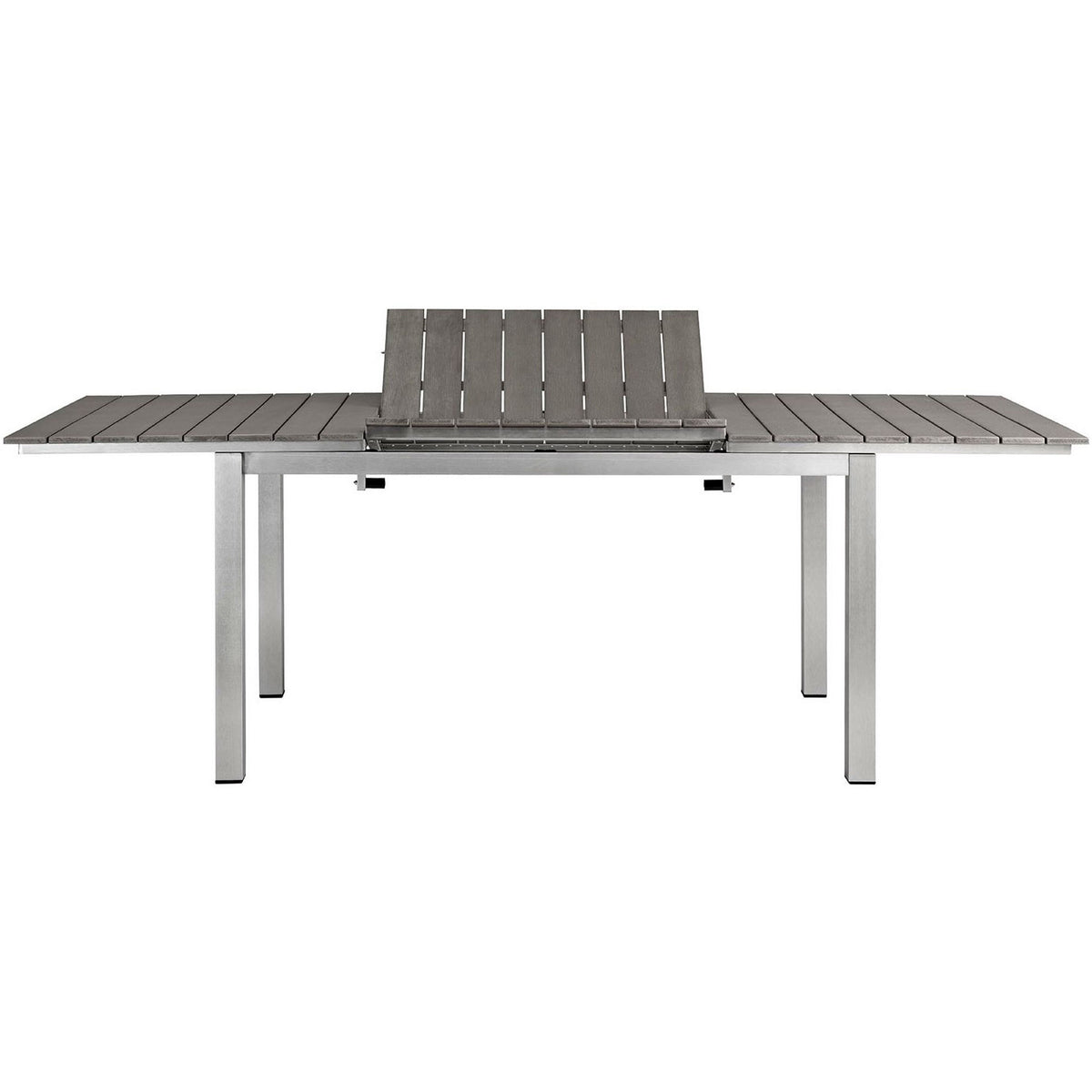 Extension mechanism showcased with center leaf raised between two gray slatted tabletop sections || EEI-2257-SLV-GRY || front_converted_studio