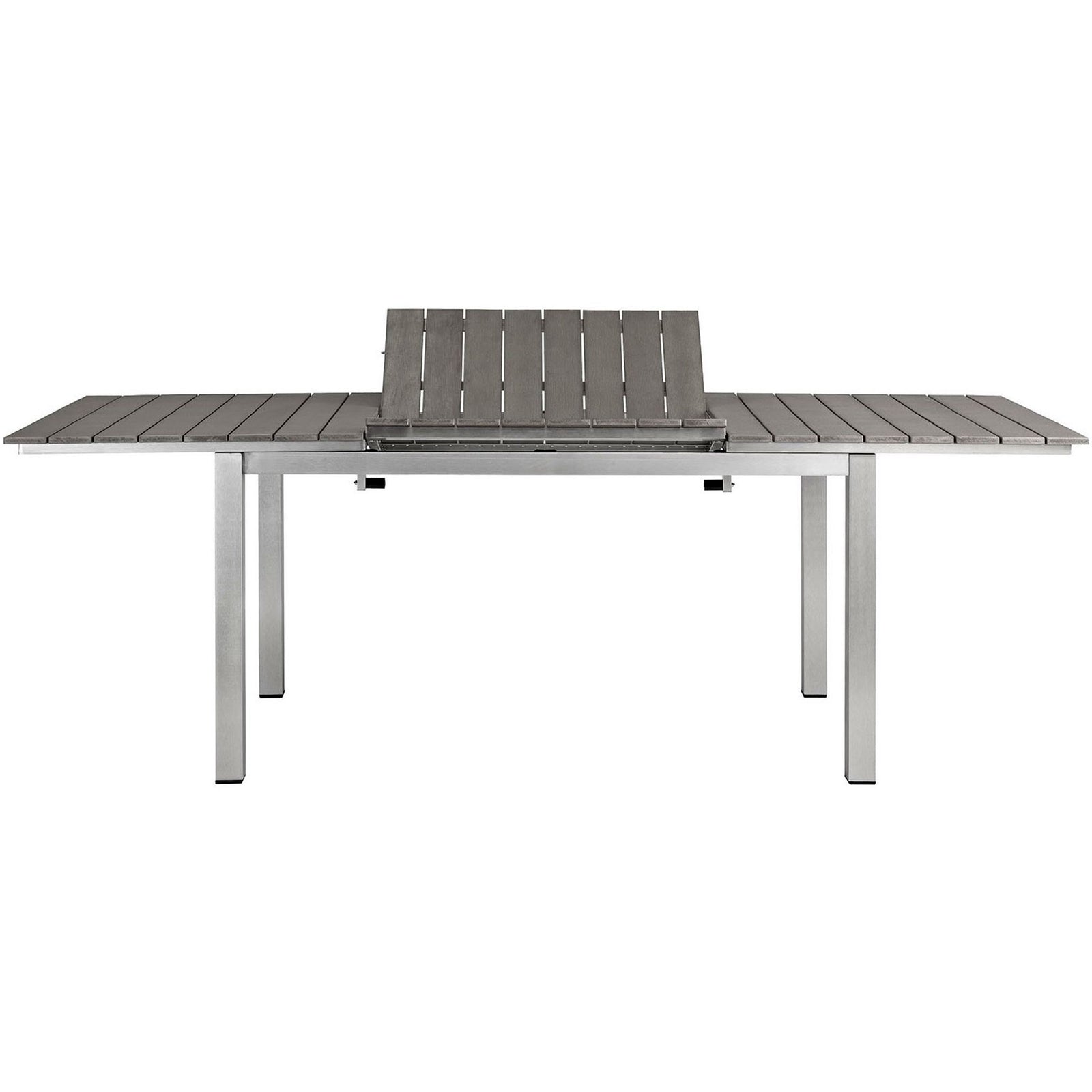 Extension mechanism showcased with center leaf raised between two gray slatted tabletop sections || EEI-2257-SLV-GRY || front_converted_studio