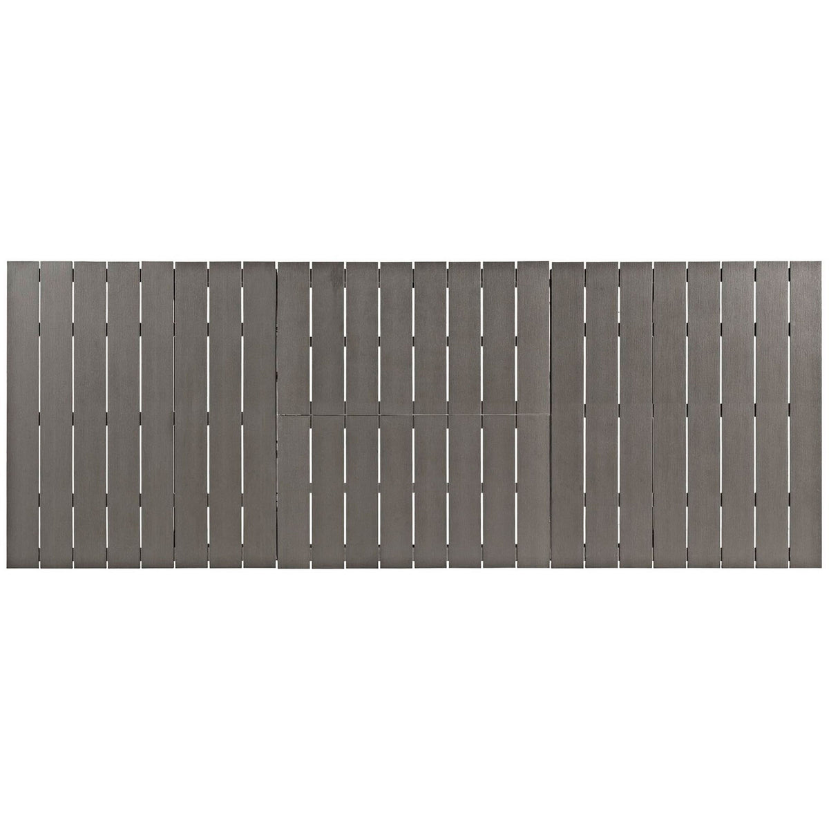 Fully extended gray plank tabletop offering an expansive surface for outdoor entertaining || EEI-2257-SLV-GRY || top_converted_studio
