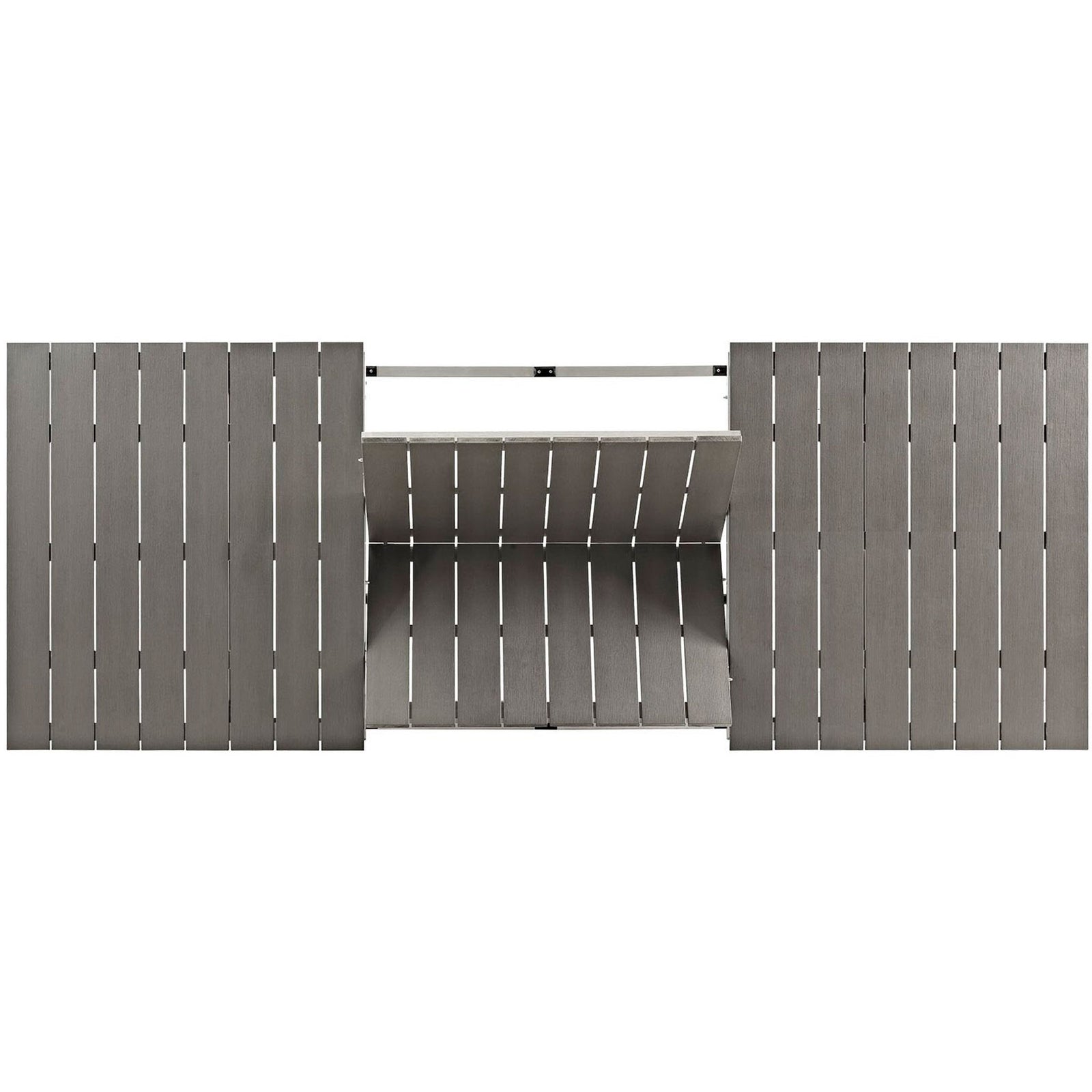 Center extension panel partially folded beneath coordinating gray slatted tabletop sections || EEI-2257-SLV-GRY || top_converted_studio