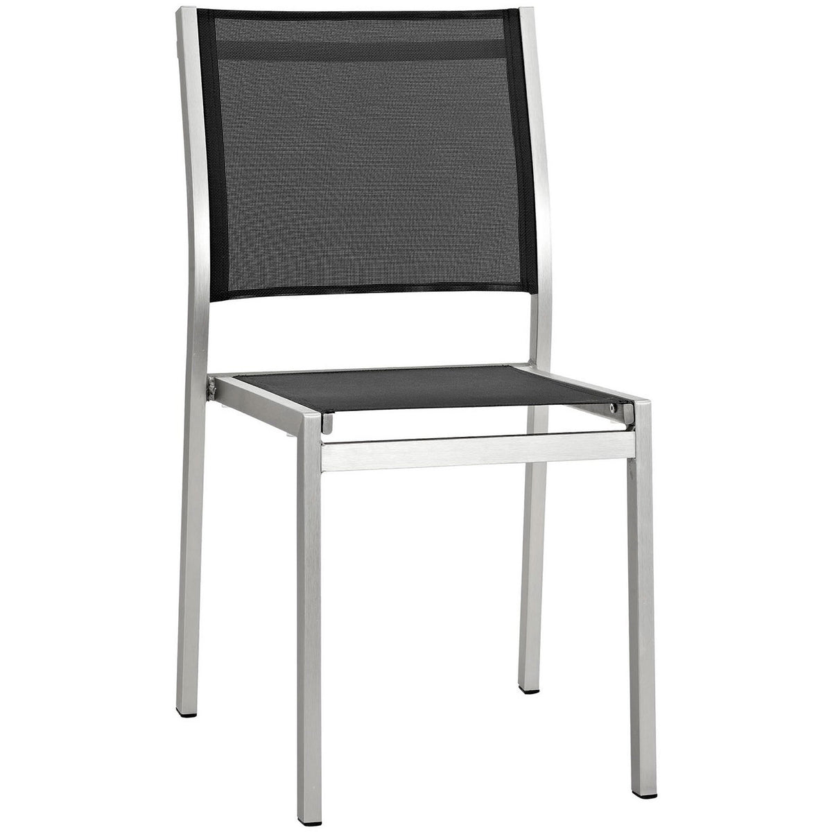 Black mesh patio side chair with slim silver aluminum frame and clean lines. || EEI-2259-SLV-BLK || front_angle_studio