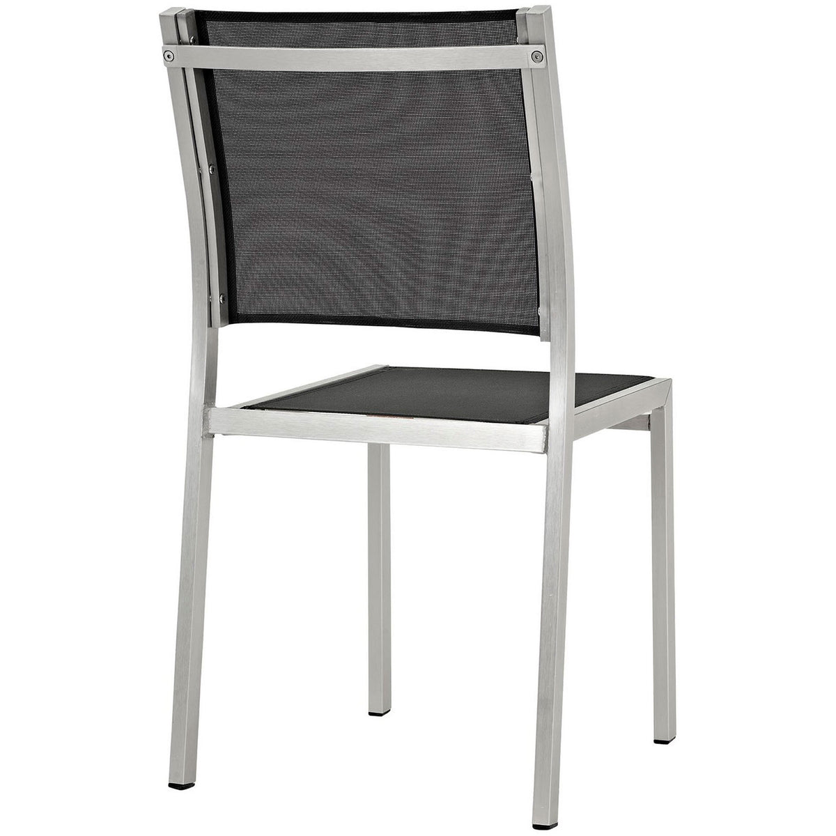 Rear view of black mesh outdoor side chair with durable silver frame. || EEI-2259-SLV-BLK || back_studio