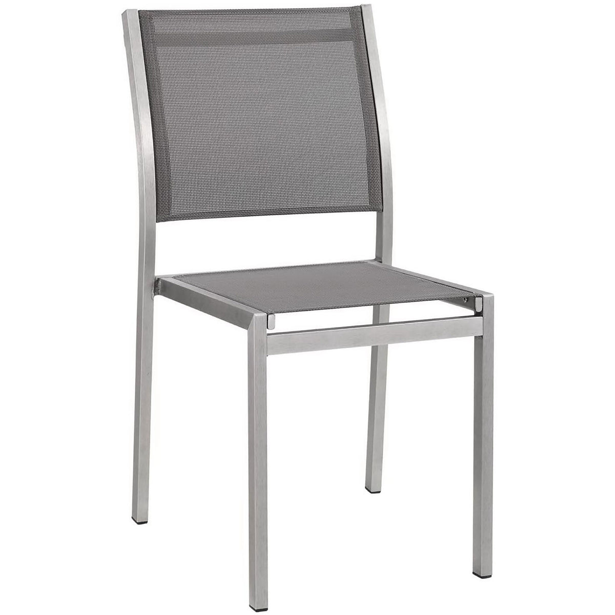 Gray mesh patio side chair with sleek silver aluminum frame for modern outdoor dining. || EEI-2259-SLV-GRY || front_angle_studio