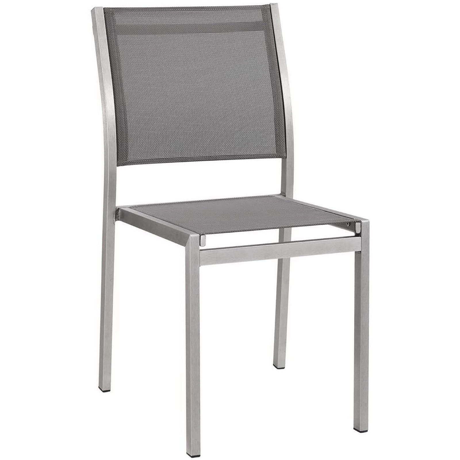 Gray mesh patio side chair with sleek silver aluminum frame for modern outdoor dining. || EEI-2259-SLV-GRY || front_angle_studio