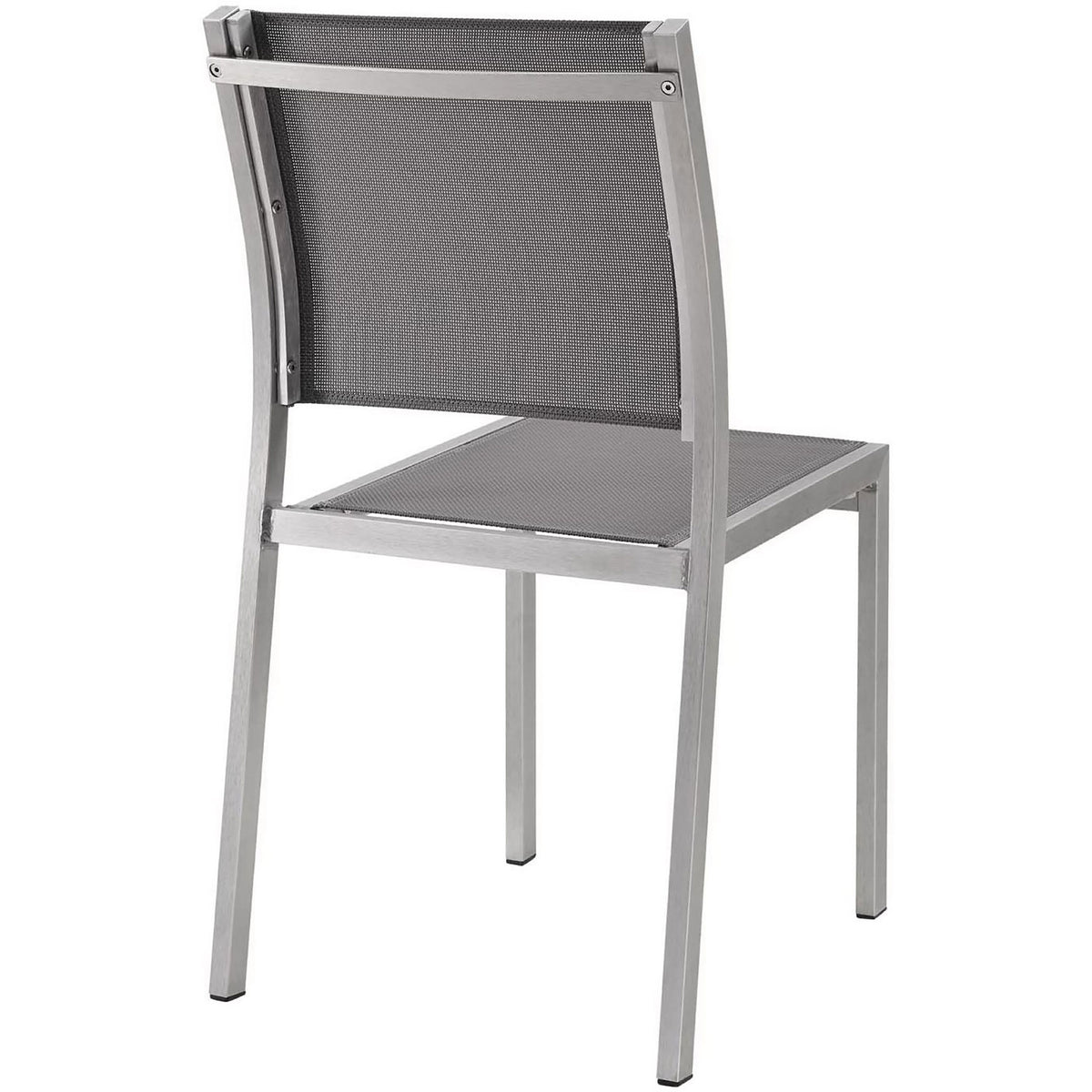 Rear view of gray mesh outdoor side chair with sturdy silver metal frame. || EEI-2259-SLV-GRY || back_studio