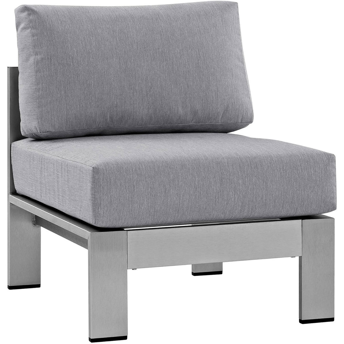 Silver gray armless patio chair with generous cushioning and sturdy aluminum base || EEI-2263-SLV-GRY || front_angle_studio