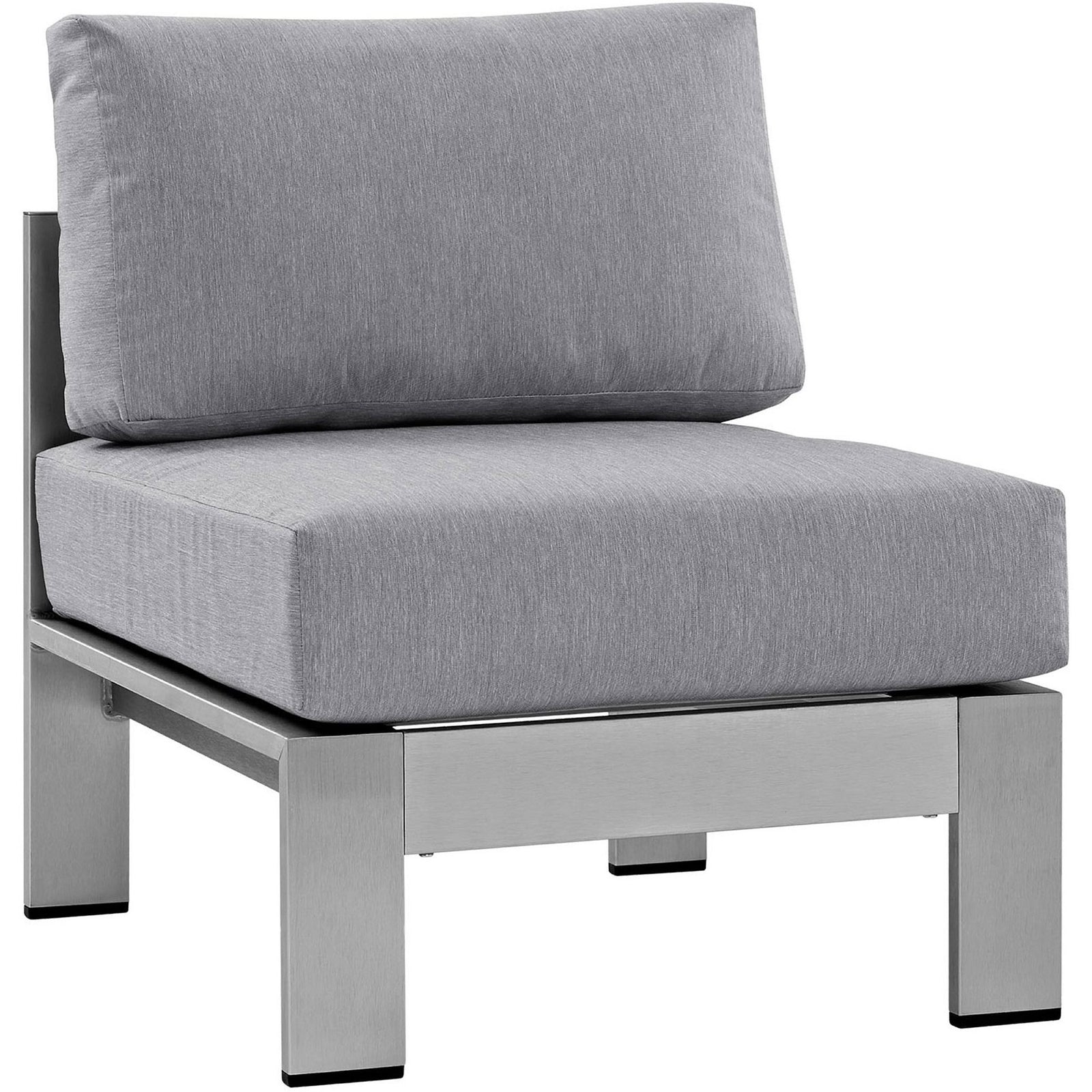 Silver gray armless patio chair with generous cushioning and sturdy aluminum base || EEI-2263-SLV-GRY || front_angle_studio