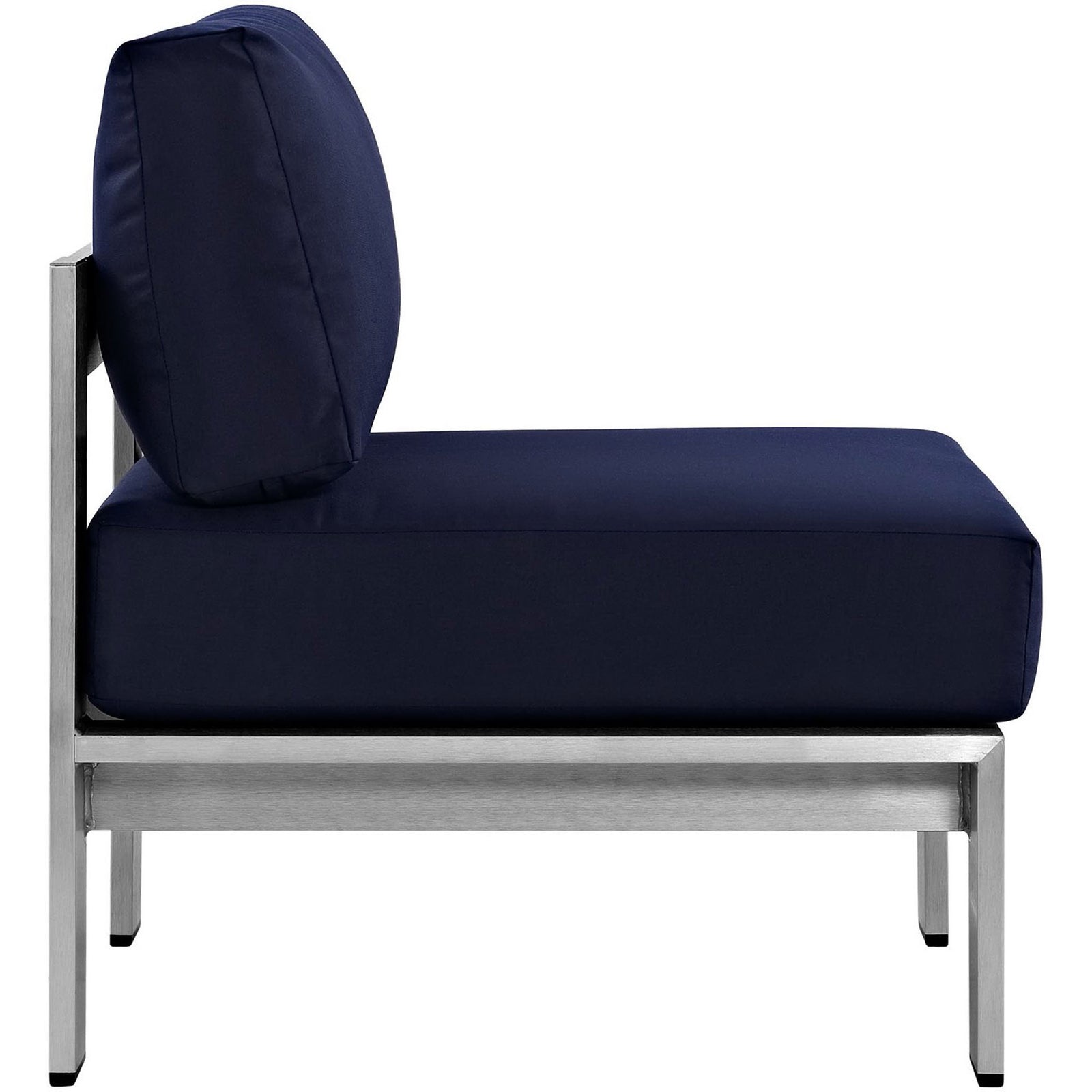 Deep navy cushions rest on a slim aluminum base for crisp, contemporary outdoor style || EEI-2263-SLV-NAV || side_studio