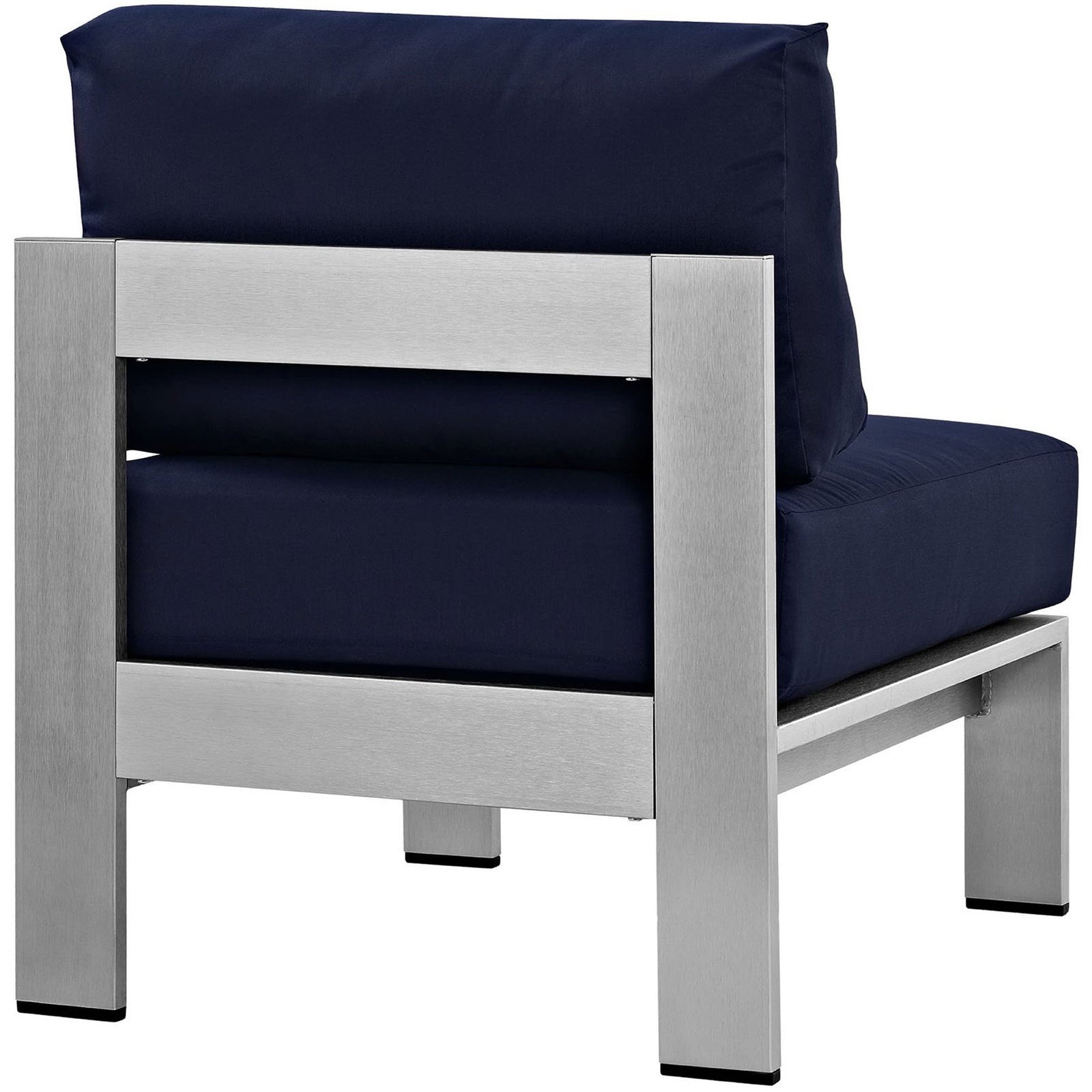 Layered back cushions and broad supports underline this sturdy, low-slung armless chair || EEI-2263-SLV-NAV || back_angle_studio