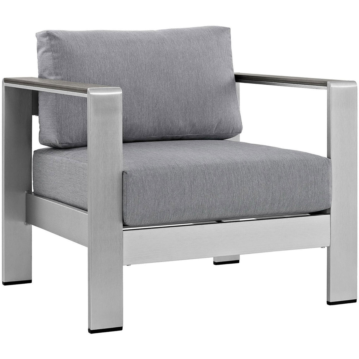 Silver gray outdoor aluminum armchair with thick cushions and clean, modern lines || EEI-2266-SLV-GRY || front_angle_studio