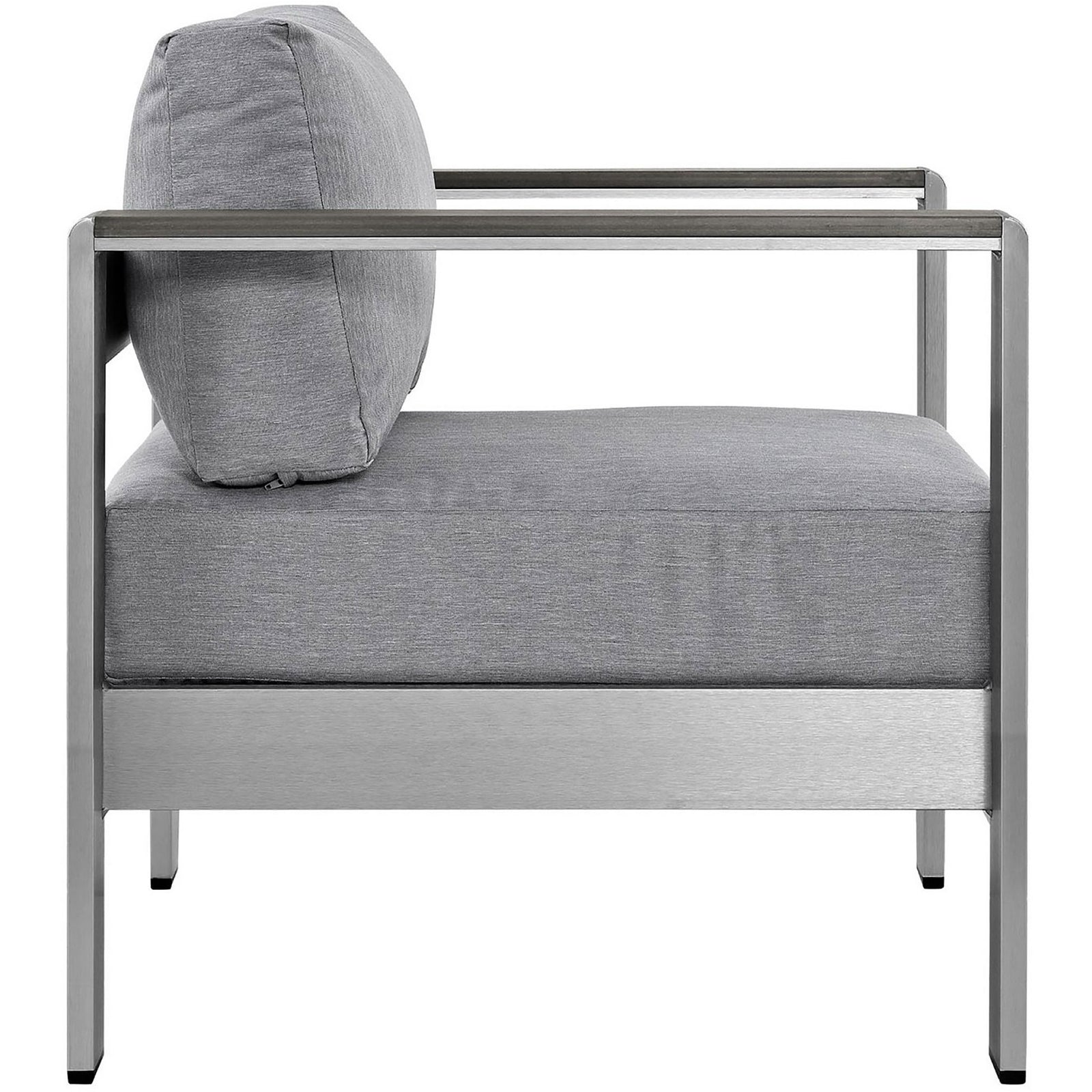 Low-profile Shore armchair shows the generous seat depth and sleek aluminum frame || EEI-2266-SLV-GRY || side_studio