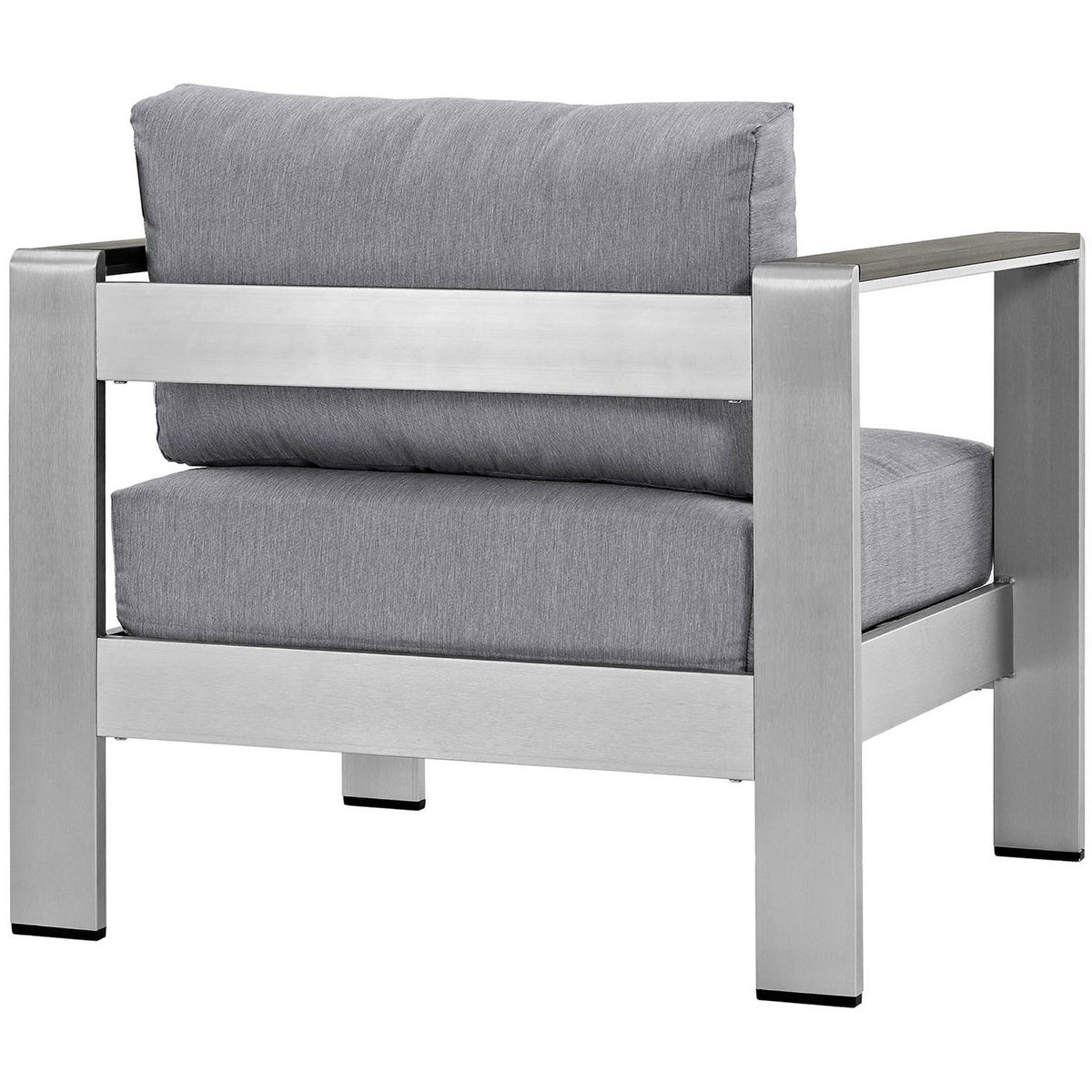 Wide back support and plush cushions highlight this durable silver gray patio armchair || EEI-2266-SLV-GRY || back_angle_studio