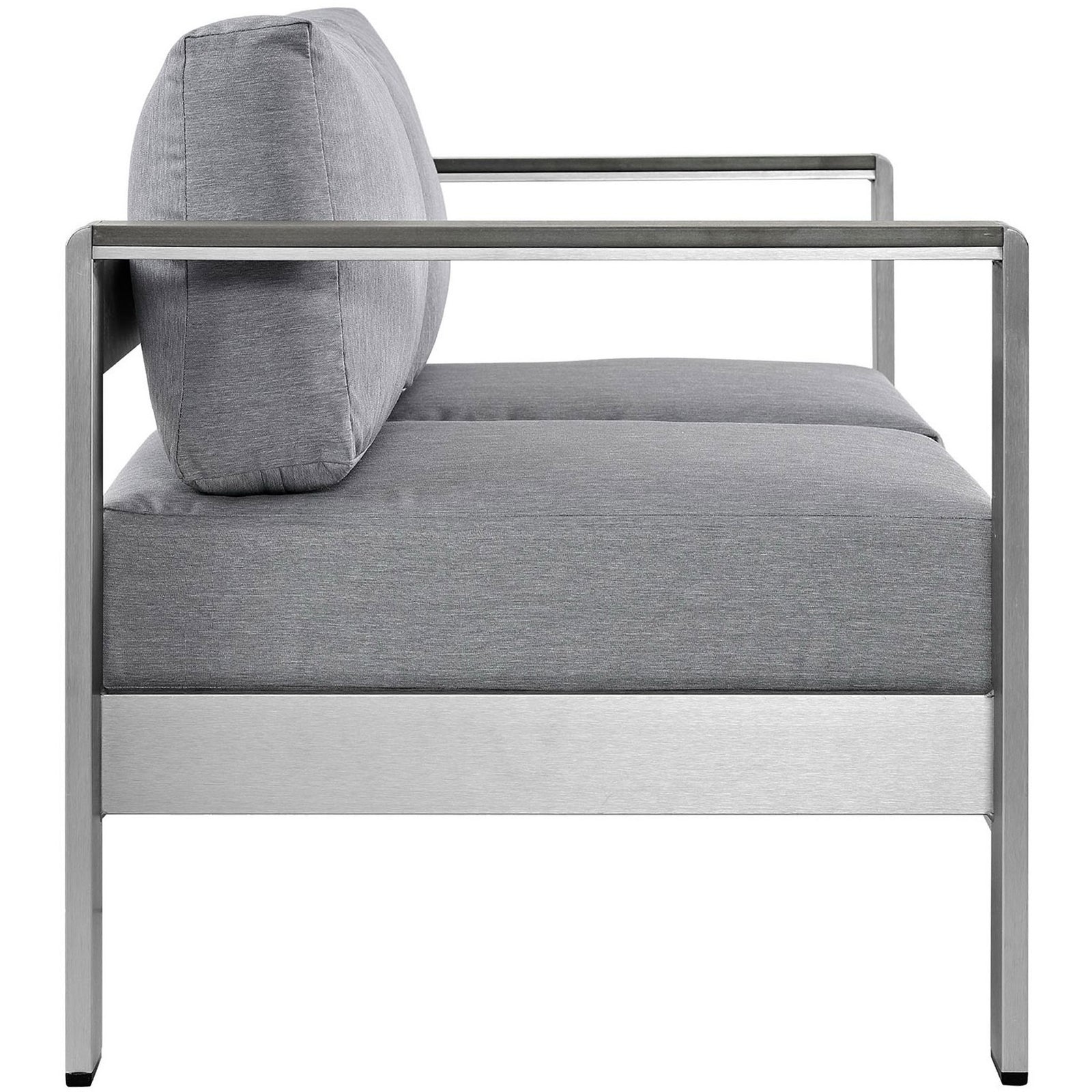 Side profile of modern silver loveseat highlighting slim arms and deep gray cushions || EEI-2267-SLV-GRY || side_studio