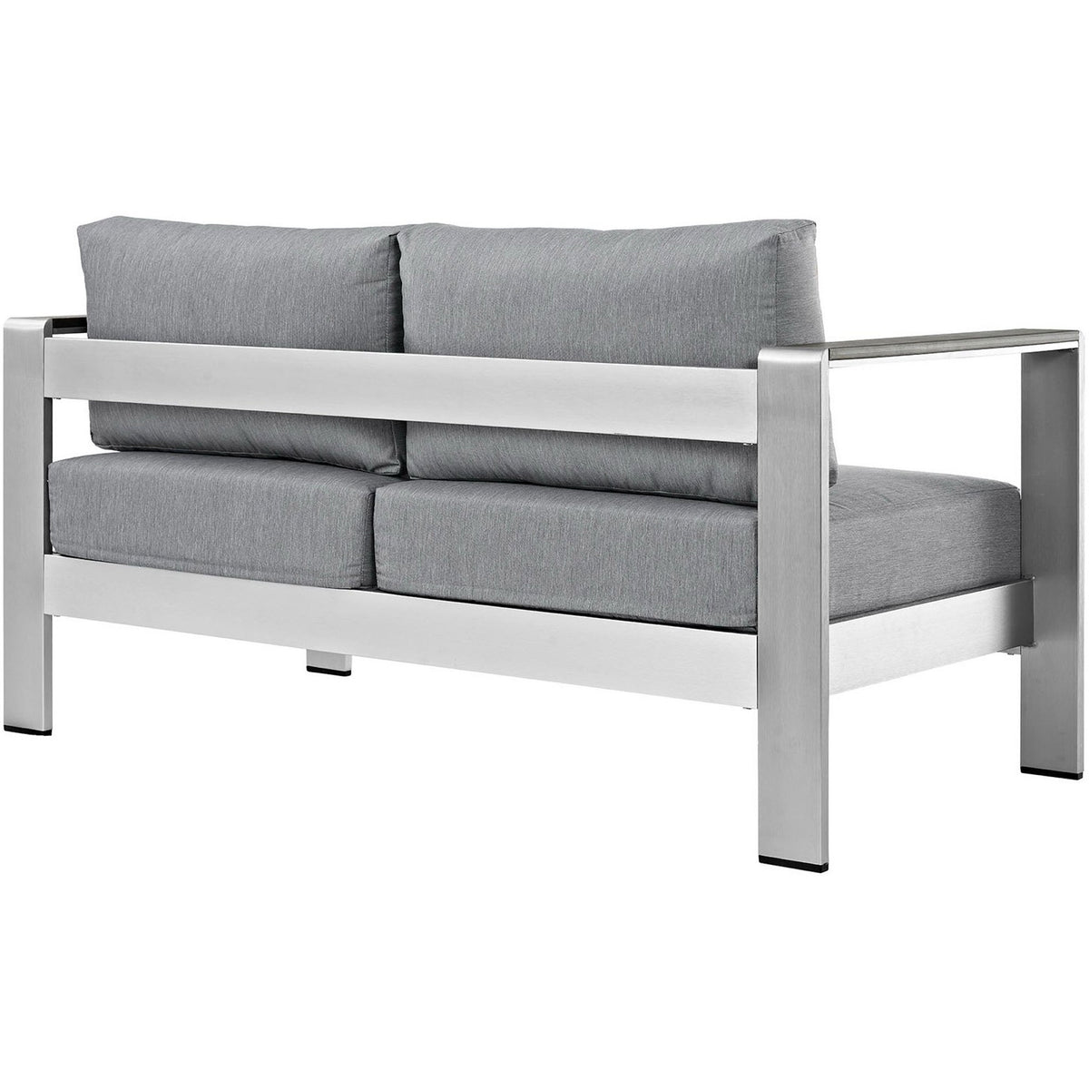Back view of sleek aluminum loveseat with supportive gray cushions and minimalist frame || EEI-2267-SLV-GRY || back_angle_studio