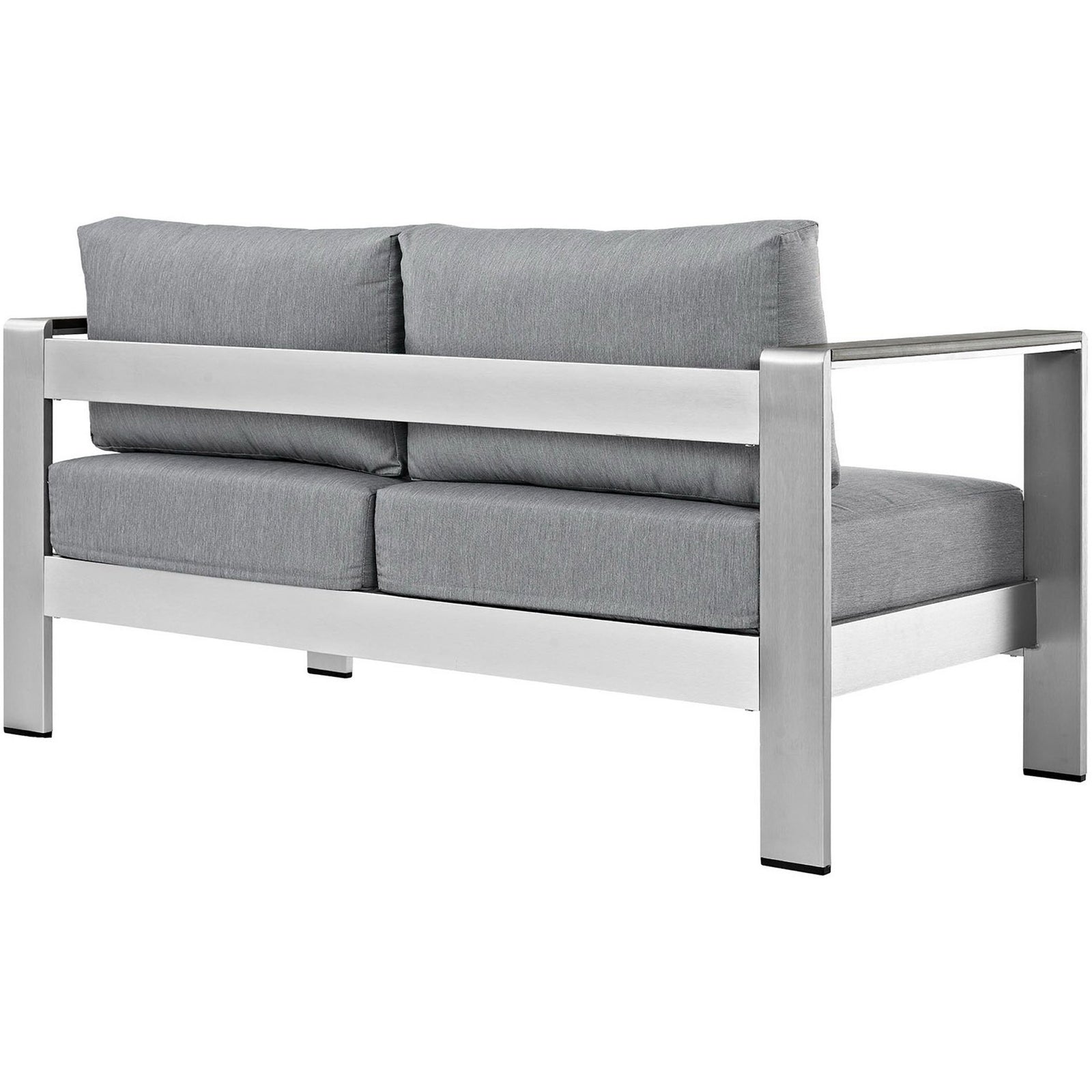 Back view of sleek aluminum loveseat with supportive gray cushions and minimalist frame || EEI-2267-SLV-GRY || back_angle_studio