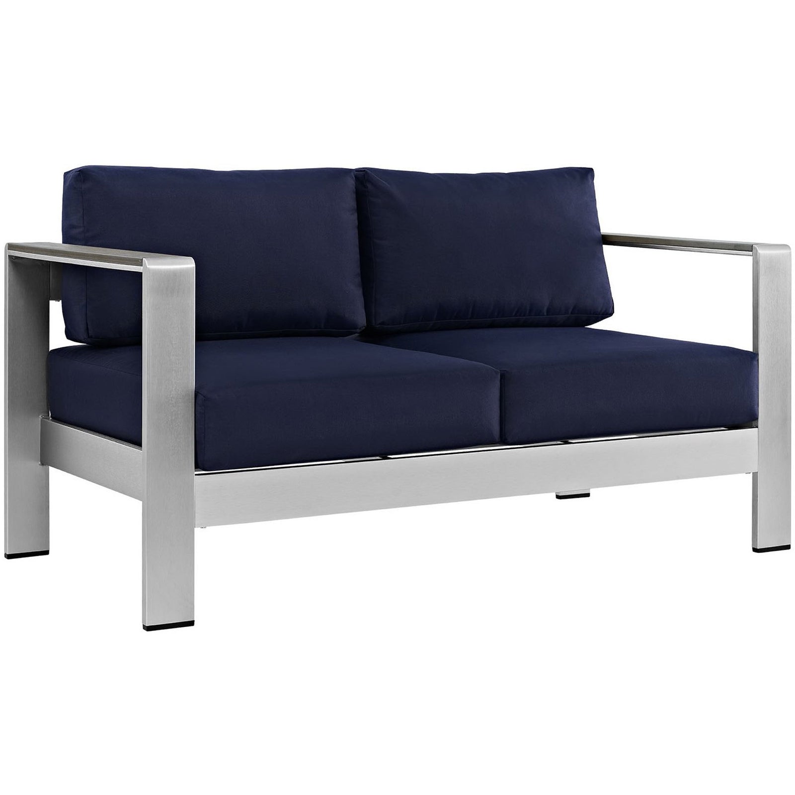 Silver aluminum outdoor loveseat with thick navy cushions for bold two-seat patio comfort || EEI-2267-SLV-NAV || front_angle_studio