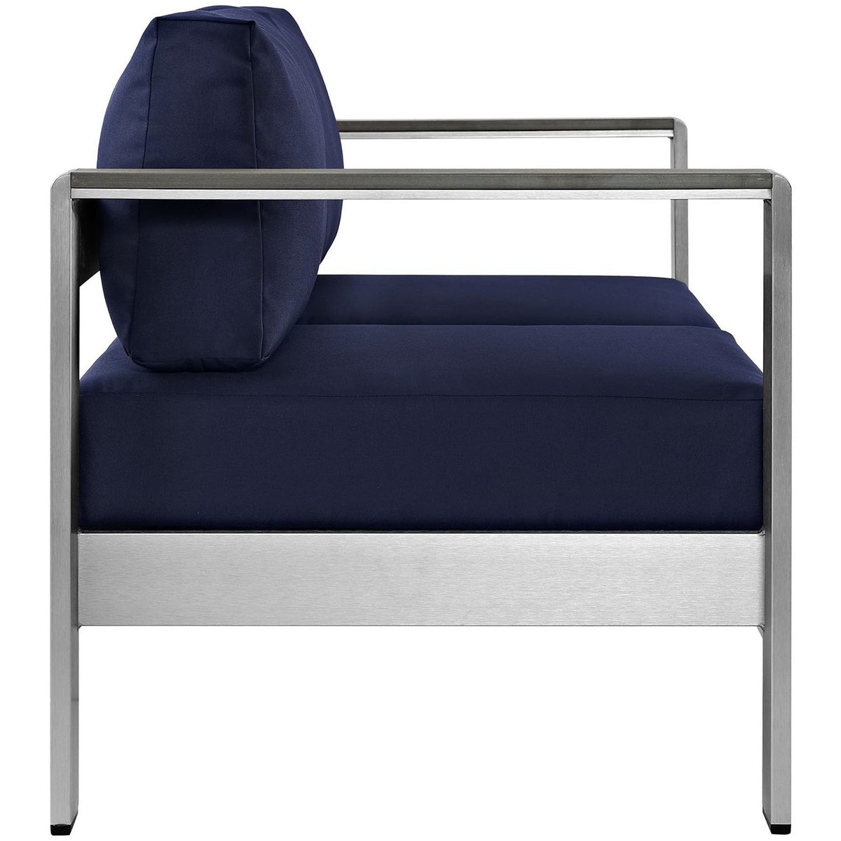 Side profile of modern silver loveseat showcasing slim arms and dense navy cushions || EEI-2267-SLV-NAV || side_studio
