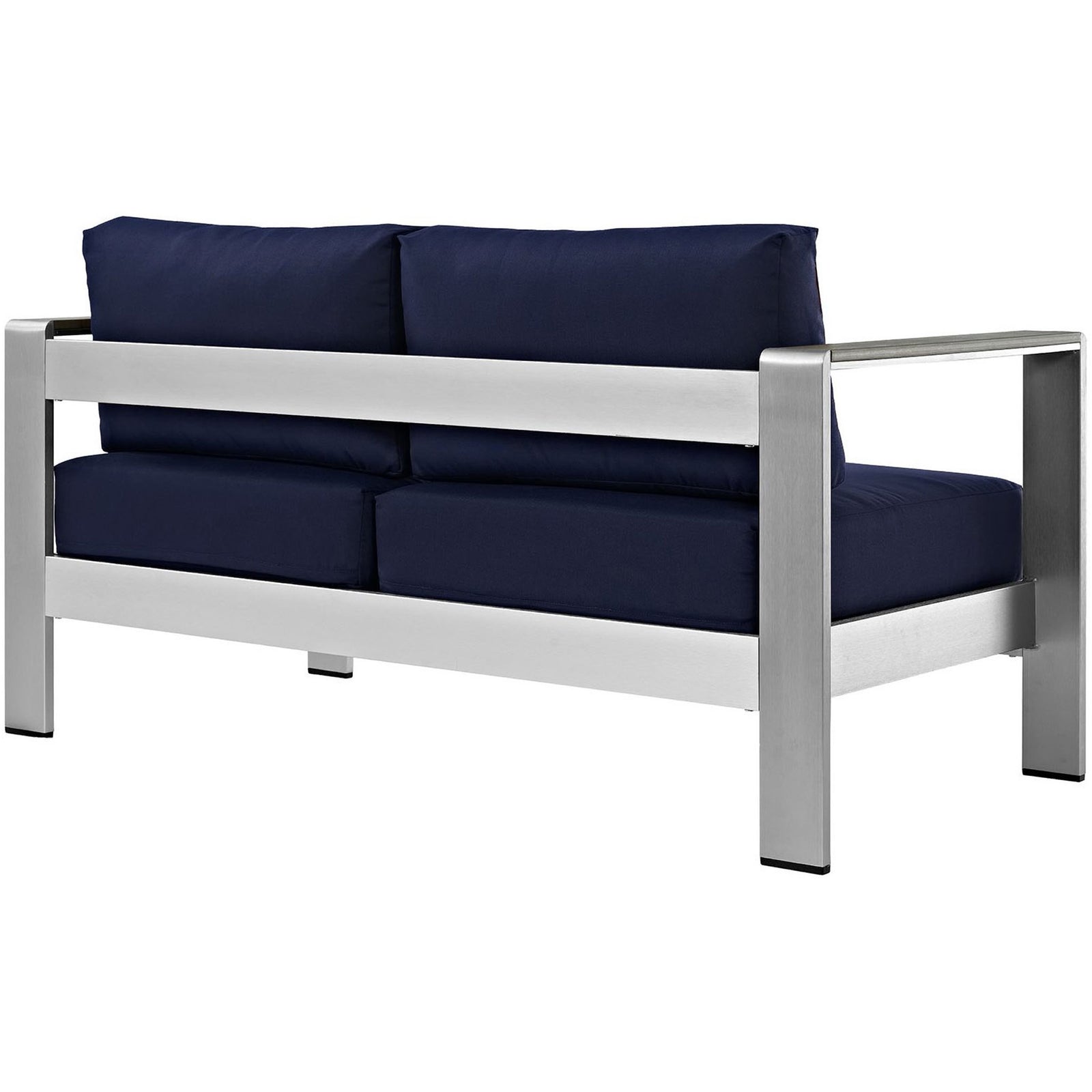 Back view of streamlined aluminum loveseat with supportive navy cushions and crisp lines || EEI-2267-SLV-NAV || back_angle_studio