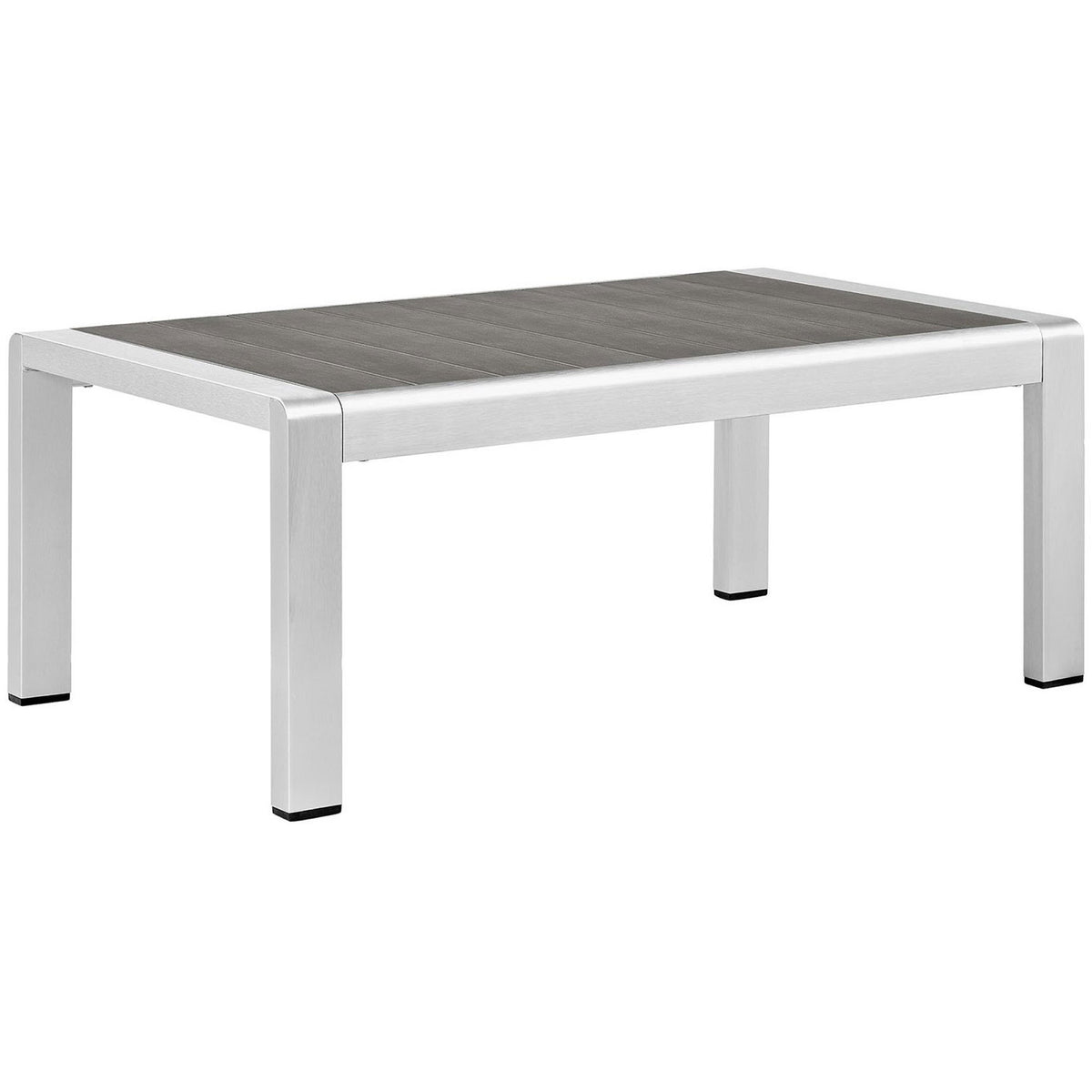 Sleek silver aluminum outdoor coffee table with slatted gray top for modern patios || EEI-2268-SLV-GRY || front_angle_studio