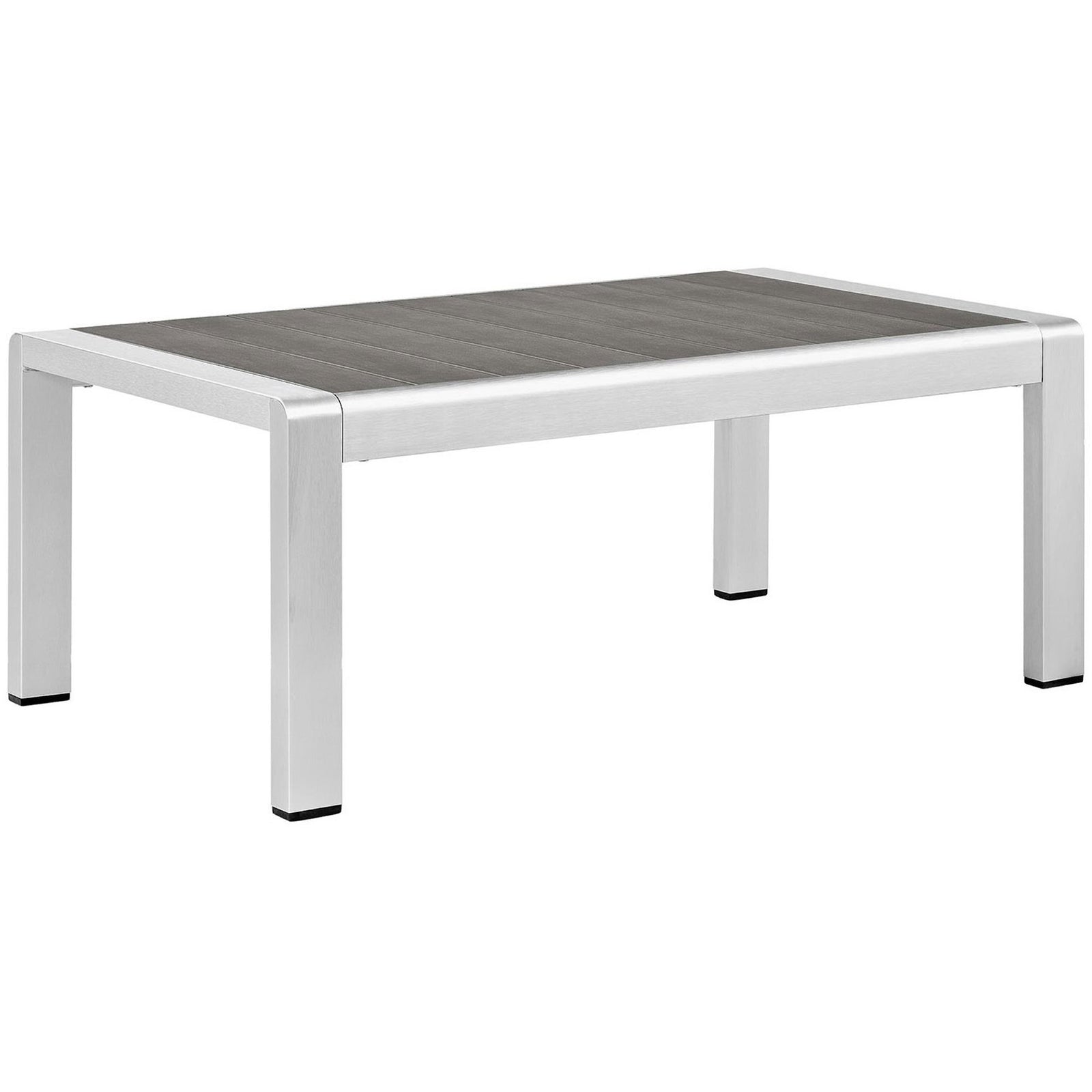 Sleek silver aluminum outdoor coffee table with slatted gray top for modern patios || EEI-2268-SLV-GRY || front_angle_studio