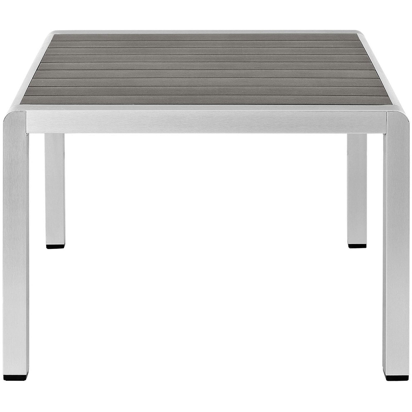 Compact outdoor coffee table with slim silver frame and evenly spaced gray slat top || EEI-2268-SLV-GRY || side_studio