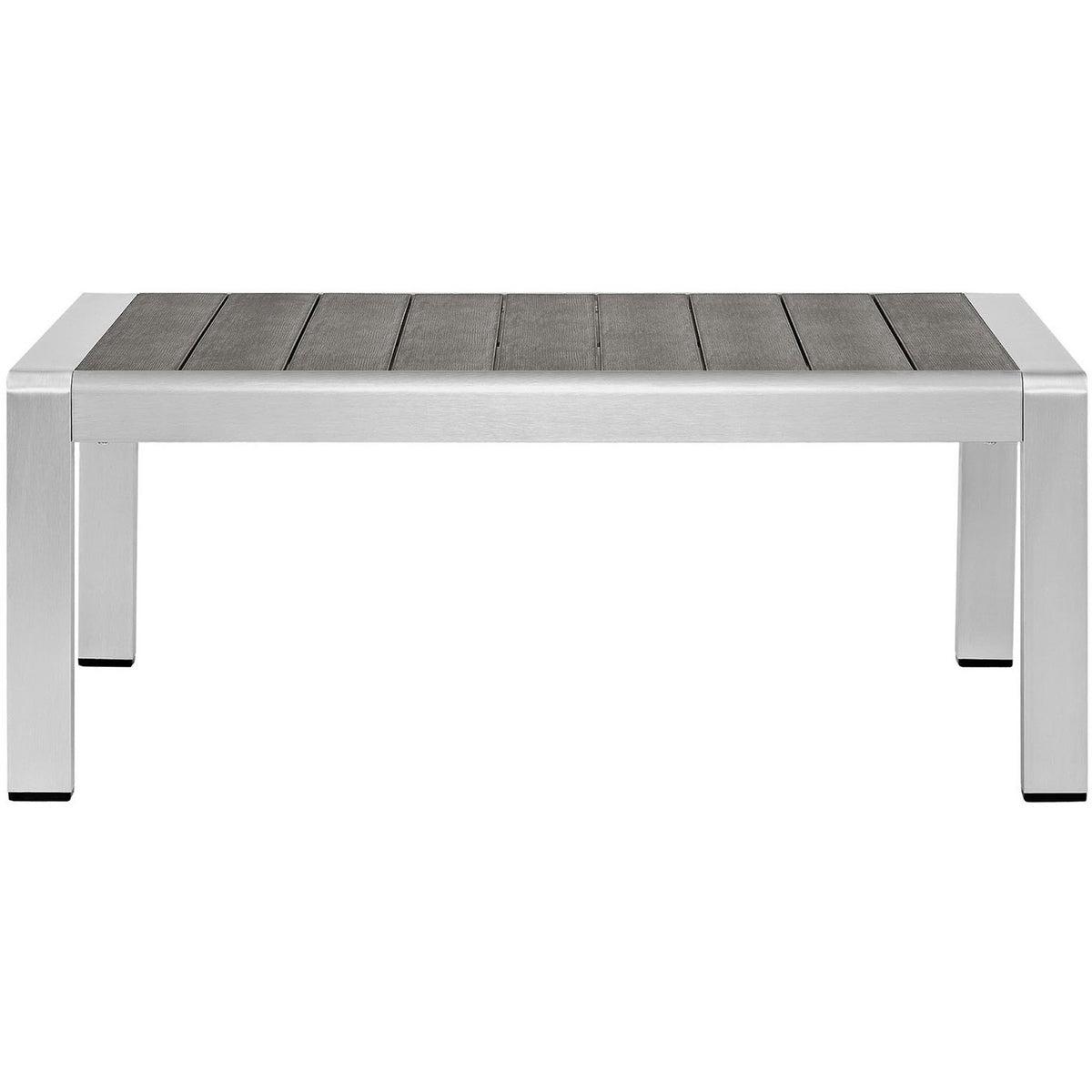 Modern rectangular patio coffee table with sturdy aluminum legs and gray plank-style top || EEI-2268-SLV-GRY || front_studio