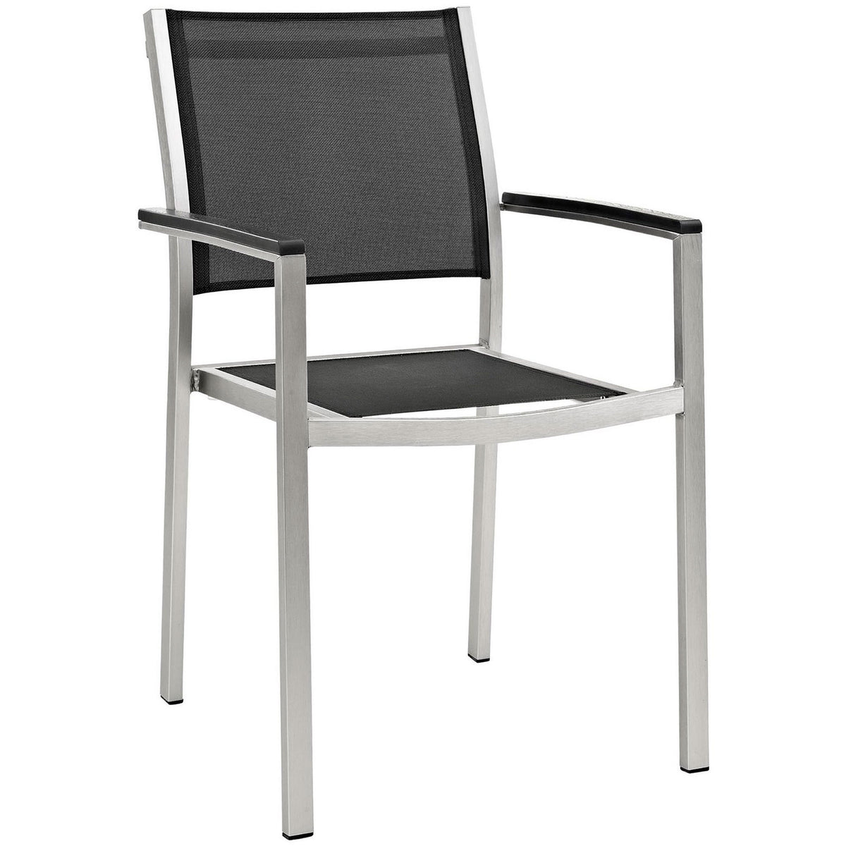 Black mesh patio armchair with sleek silver aluminum frame and slim arm pads. || EEI-2272-SLV-BLK || front_angle_studio