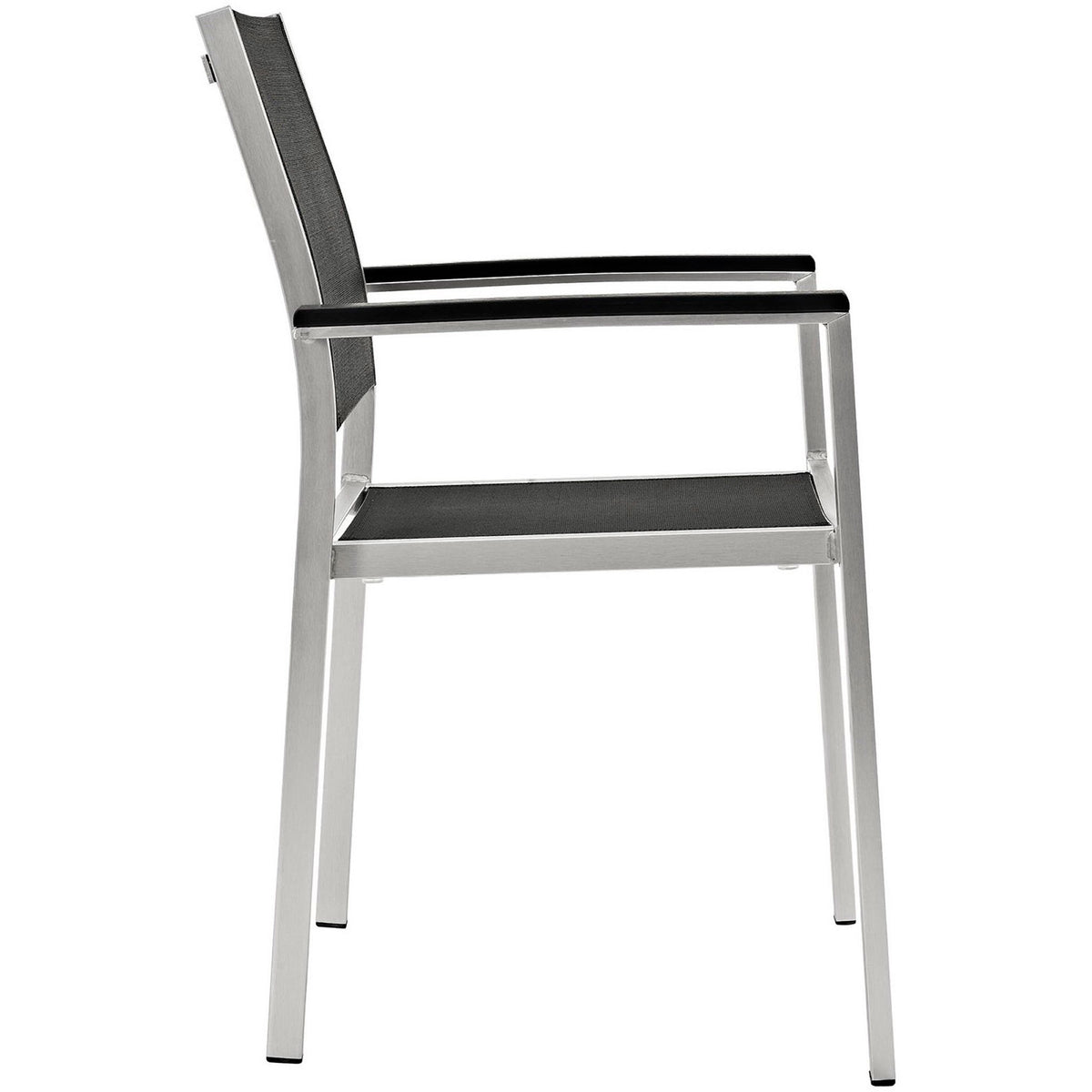 Side profile of the Shore armchair showing contoured mesh seat and straight metal legs. || EEI-2272-SLV-BLK || side_studio