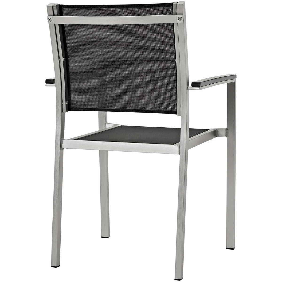 Rear view of black mesh outdoor dining chair with durable silver aluminum frame. || EEI-2272-SLV-BLK || back_studio