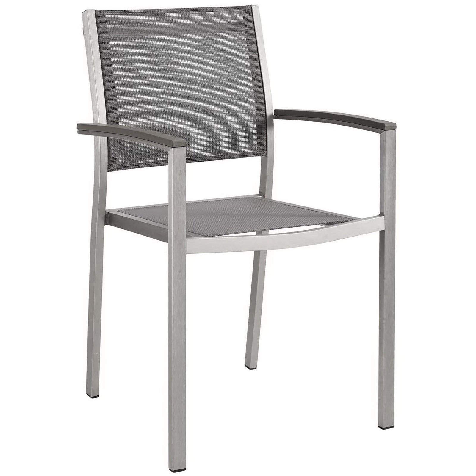 Gray mesh patio armchair with clean silver aluminum frame and black arm pads. || EEI-2272-SLV-GRY || front_angle_studio