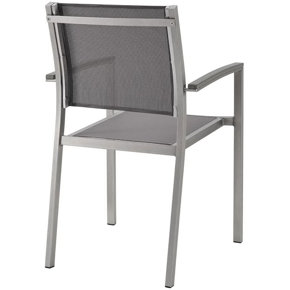 Rear view of gray mesh outdoor dining chair with sturdy silver aluminum frame. || EEI-2272-SLV-GRY || back_studio