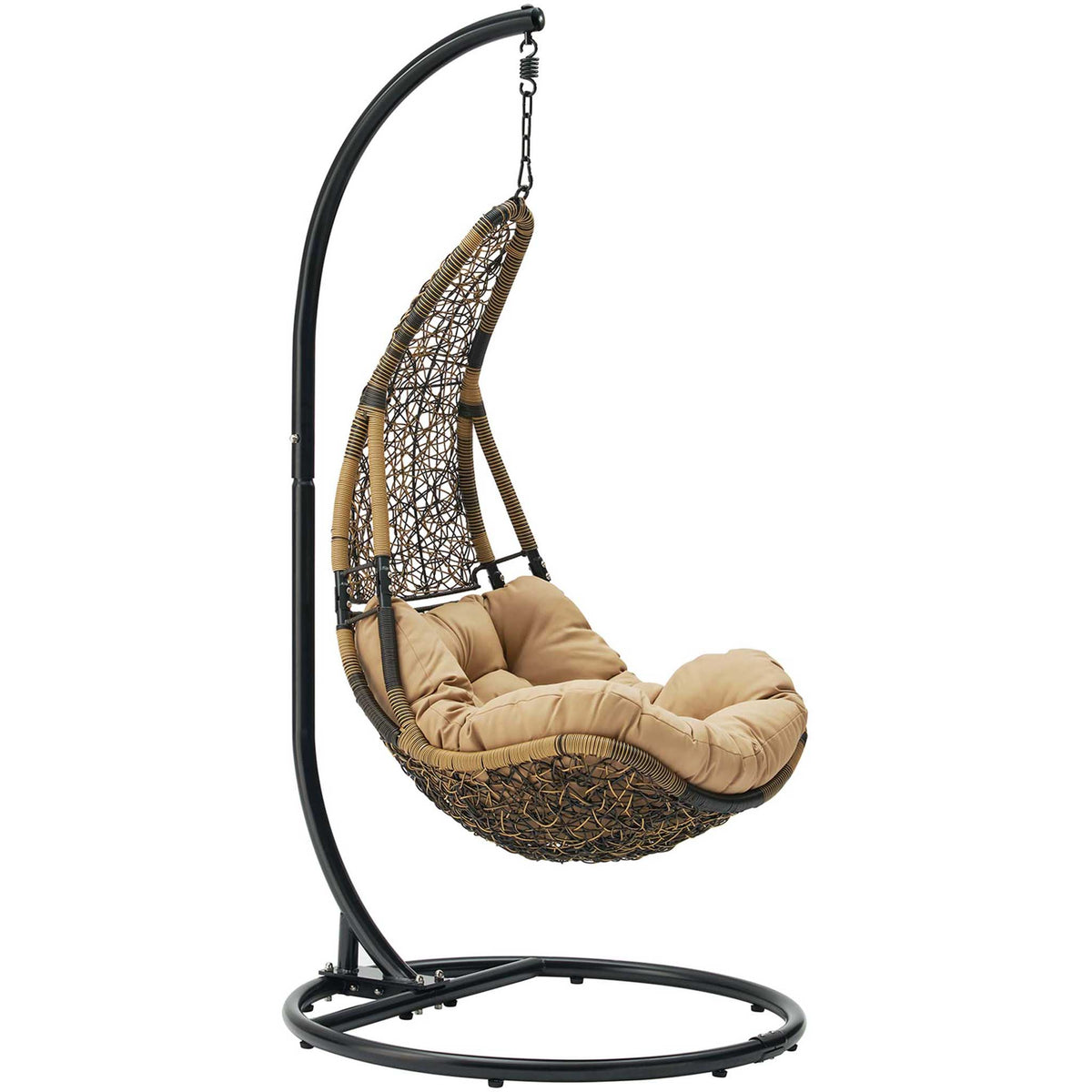 Hanging brown rattan swing chair with breezy lattice weave and deep mocha tufted cushion. || EEI-2276-BLK-MOC-SET || front_angle_studio