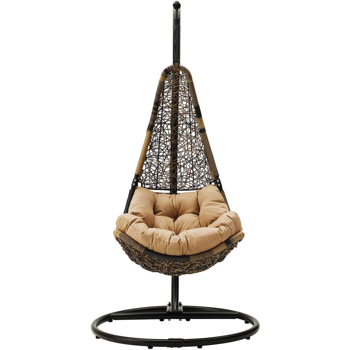 Brown wicker swing chair with plush mocha cushion and black steel stand on round base. || EEI-2276-BLK-MOC-SET || front_studio