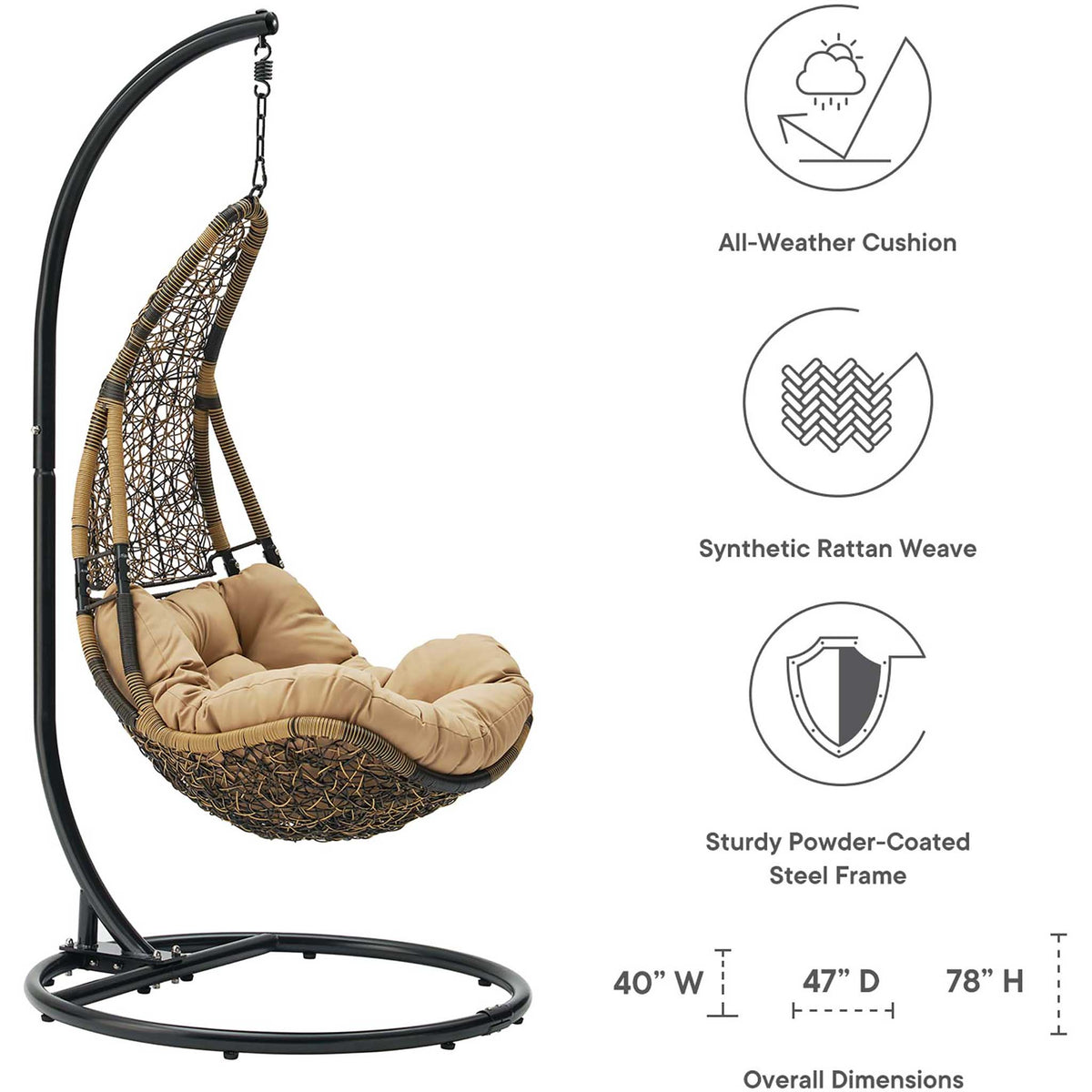 Feature icons and overall dimensions for the brown wicker swing chair with mocha cushion.