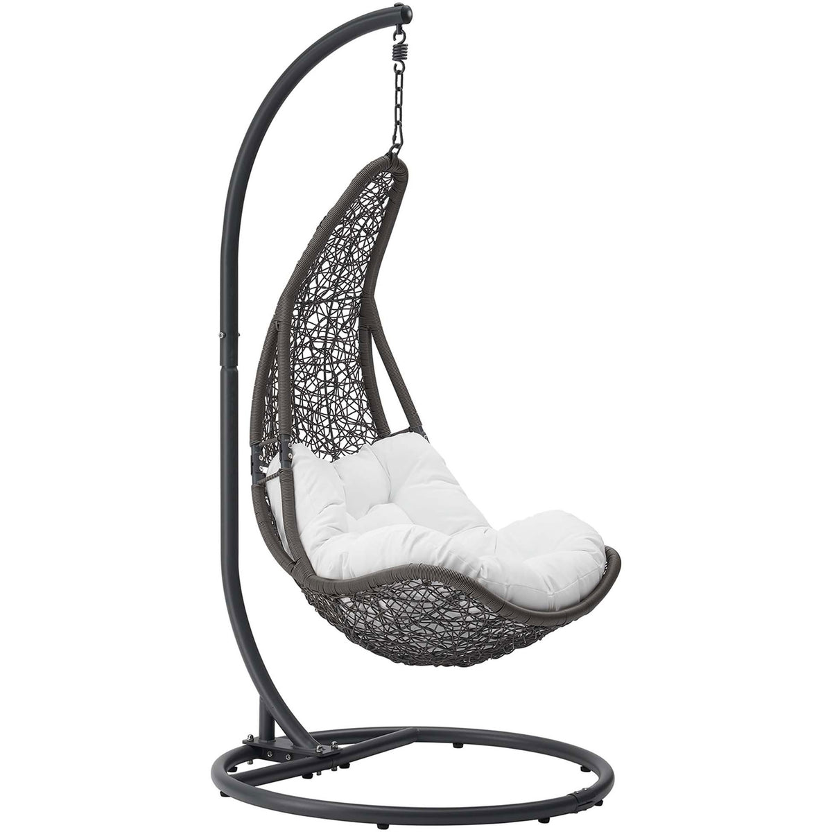 Hanging gray rattan swing chair with airy lattice weave and deep white tufted cushion. || EEI-2276-GRY-WHI-SET || front_angle_studio