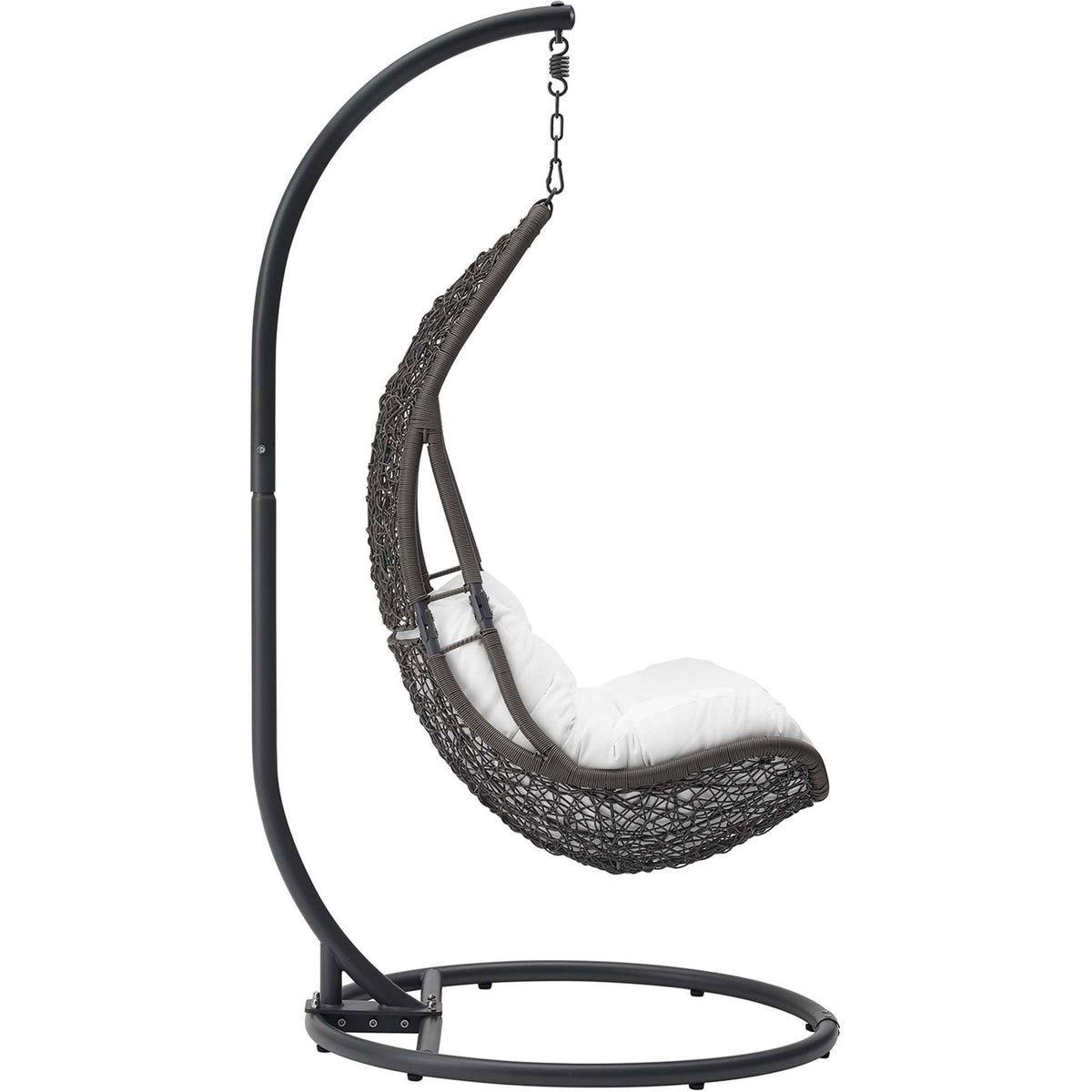 Slim arched steel stand supporting a cocoon shaped gray wicker chair with white cushion. || EEI-2276-GRY-WHI-SET || side_studio